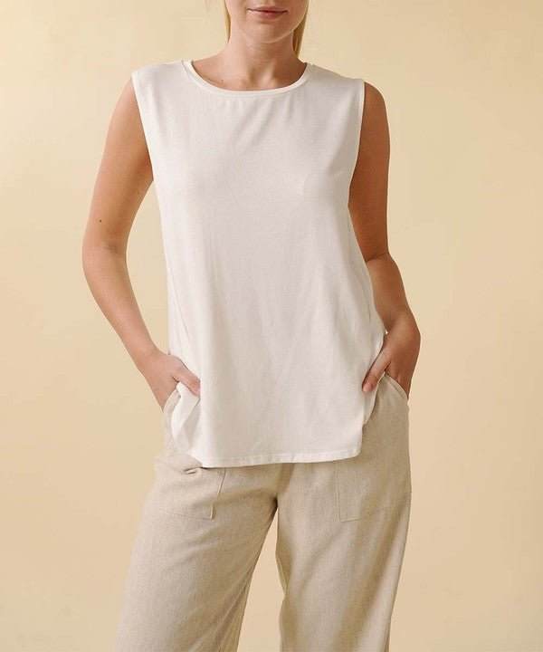 Studio Ko Bamboo Muscle Tank with banded neck and flexible fit.
