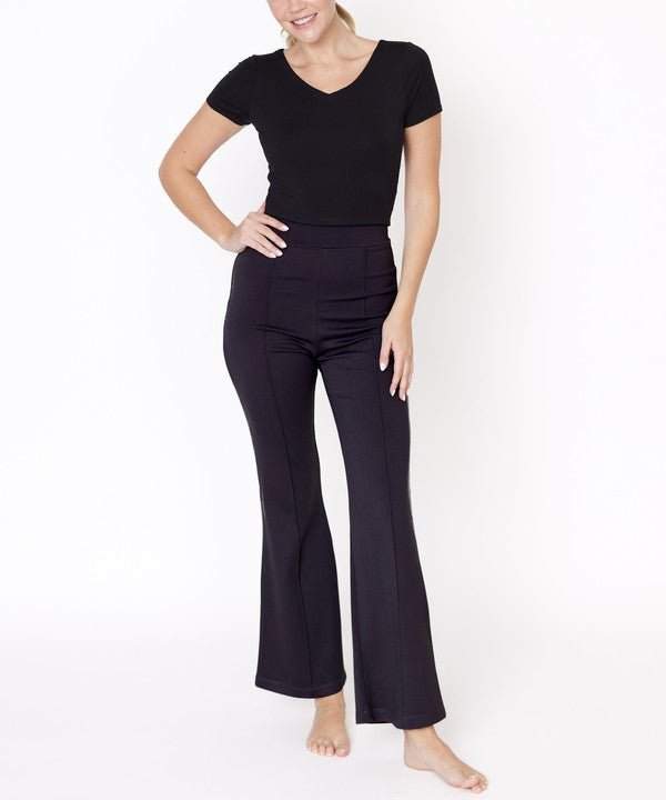 Studio Ko Pointe Classic Slim Pants with bamboo ponte fabric, bell bottom style.