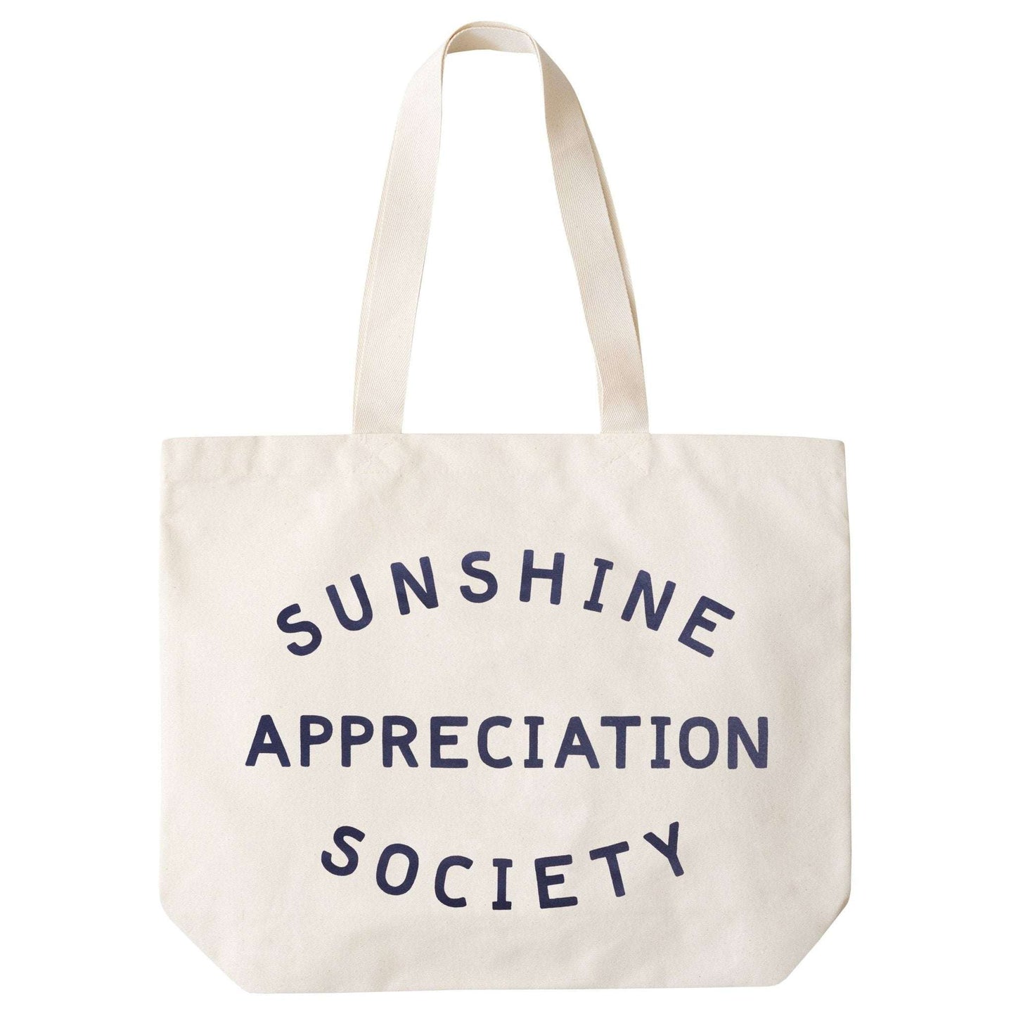Big canvas tote bag with "Sunshine Appreciation Society" design in navy blue on natural canvas.
