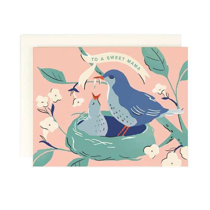 Sweet Mama Baby Bird Greeting Card with bird illustration and blank interior.