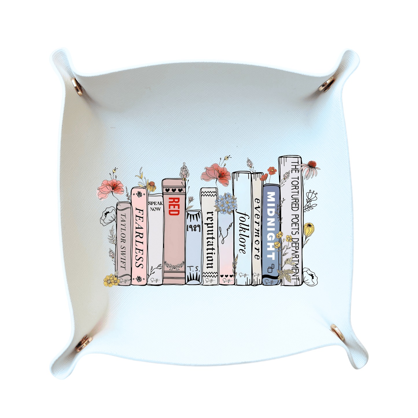 Swift trinket tray with Taylor Swift album book design in white, perfect for Swiftie gifts.