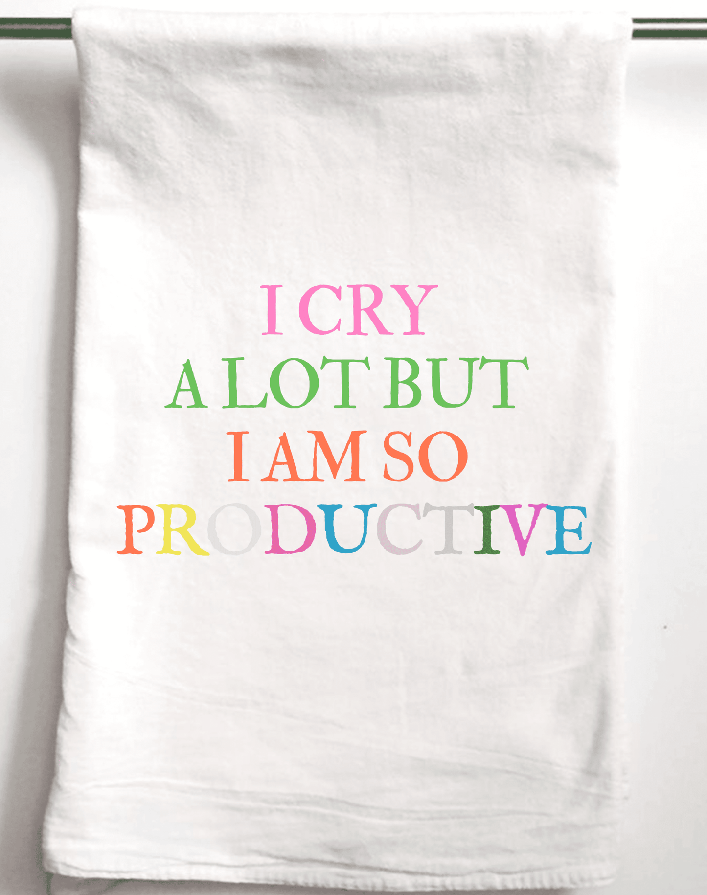 Taylor Swift inspired 'I Cry A Lot But I Am So Productive' gift towel, colorful design.