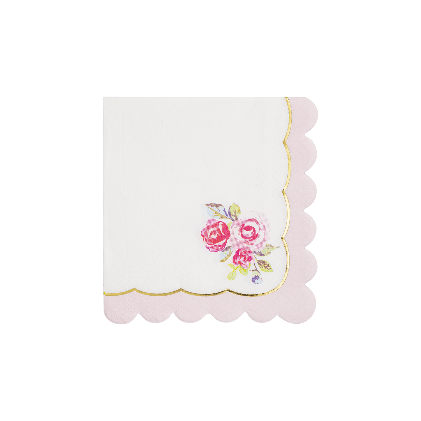 Tea Party Rose Corner Paper Cocktail Napkin with gold foil scalloped edges and pink rose design.