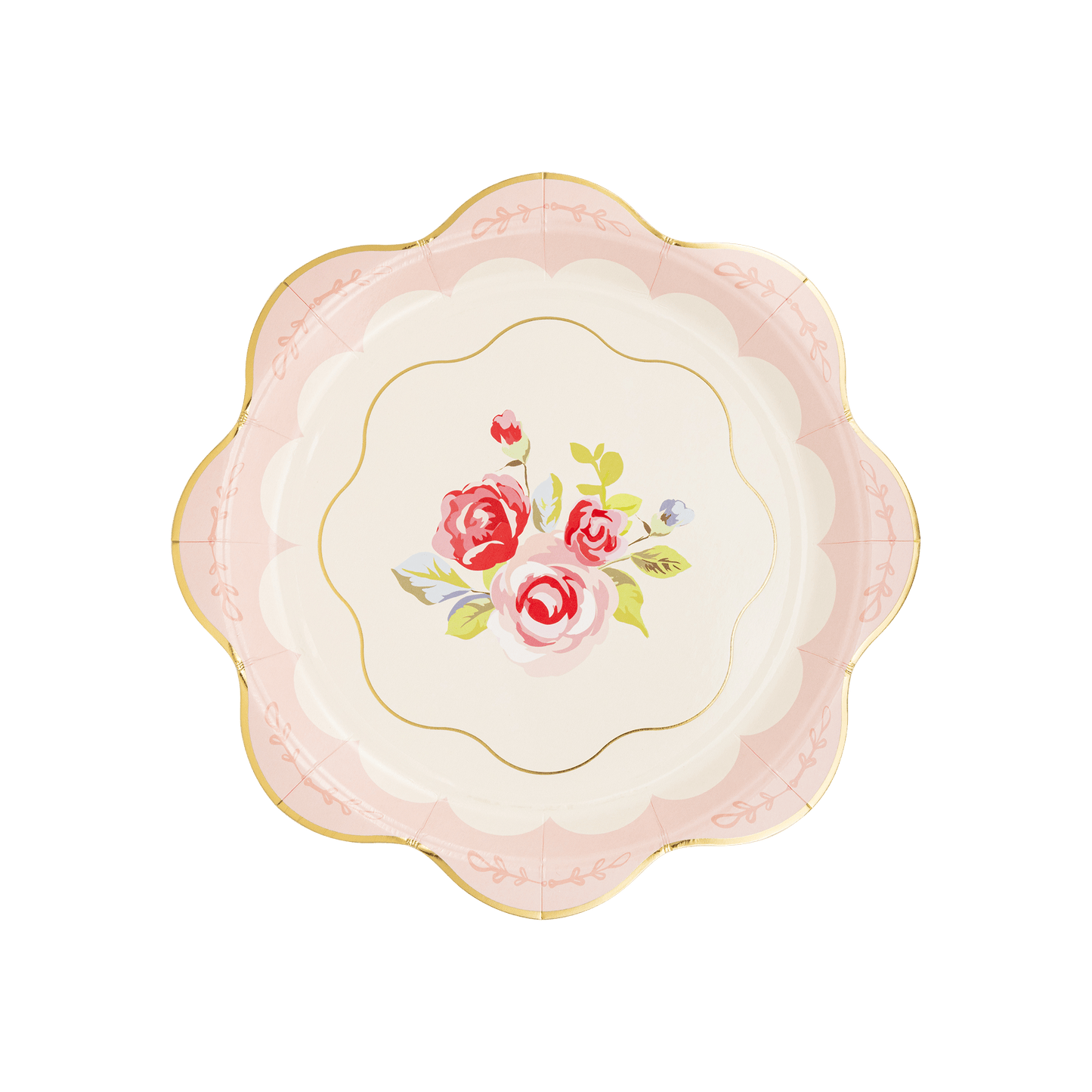 Tea Party Scalloped Round Paper Plate with roses and gold foil detailing