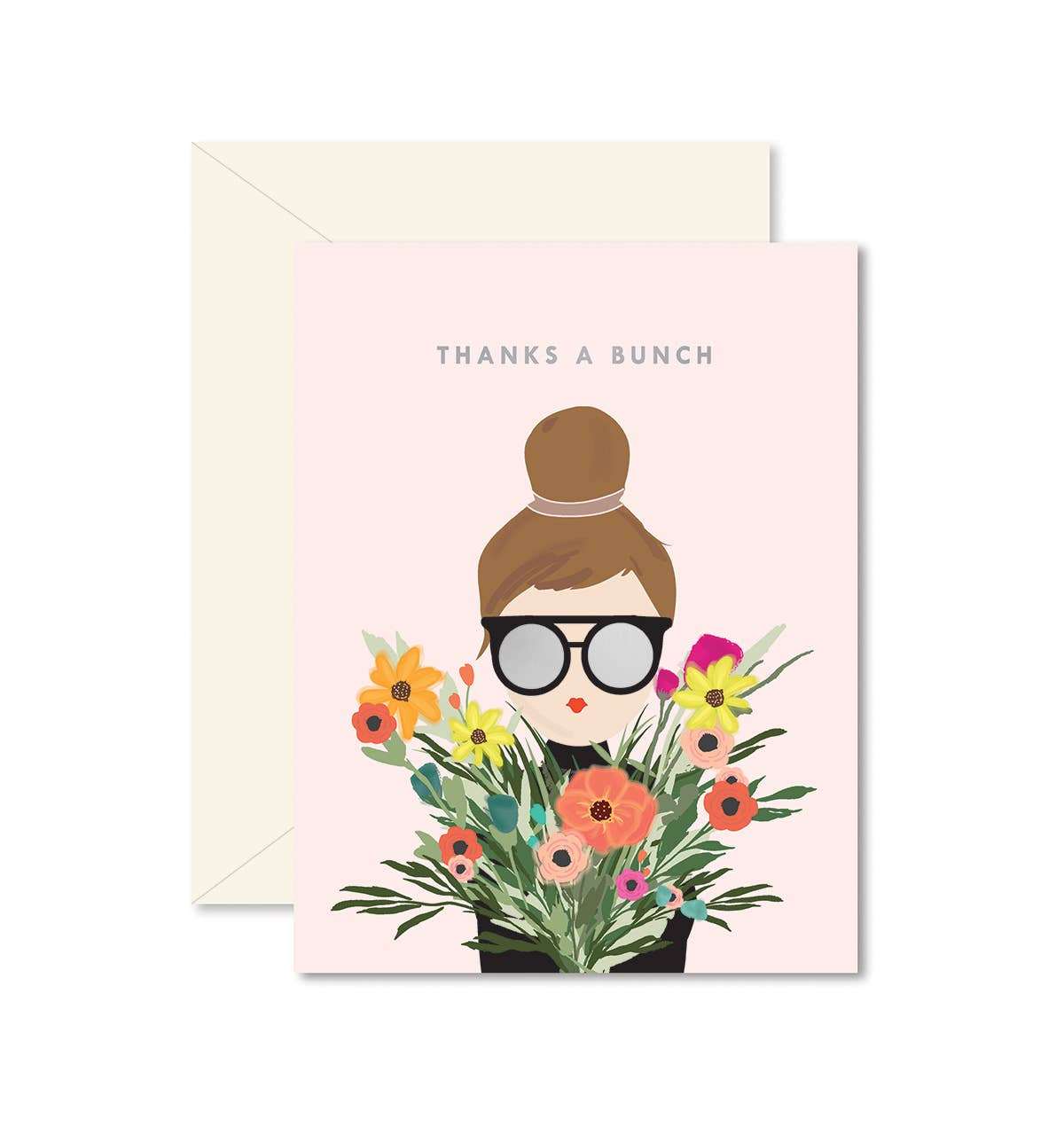 Thanks A Bunch Girl greeting card with floral design and silver foil on pink background.