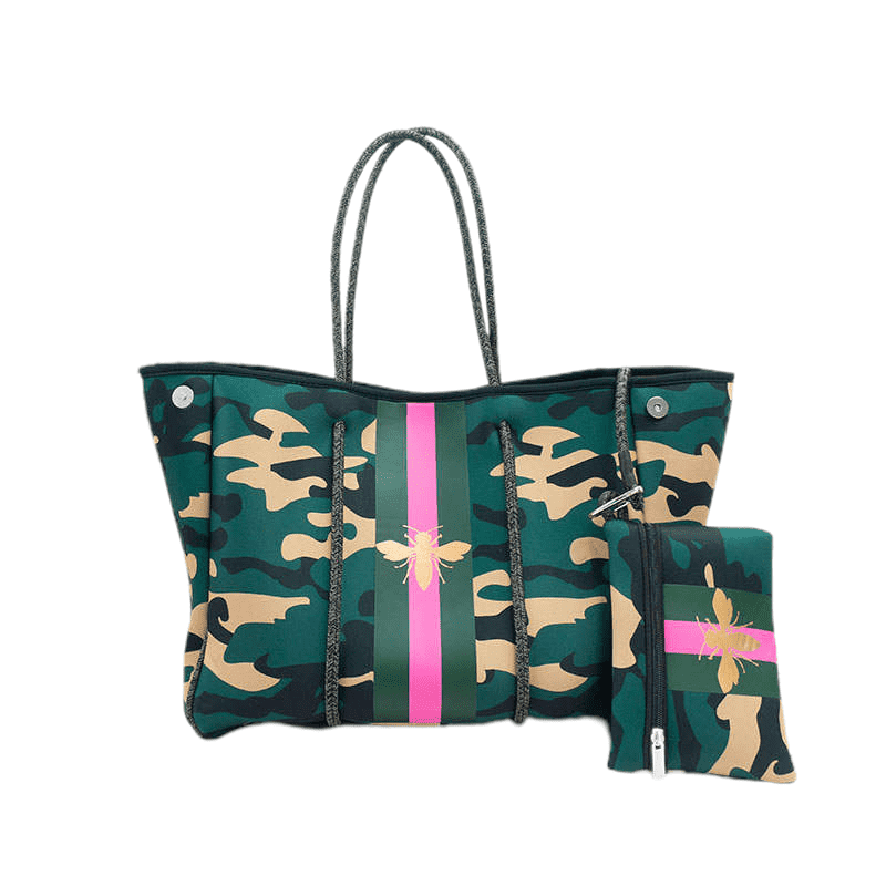 The Aniella Neoprene Tote - Camo with Gold Bee - Jennie Dots