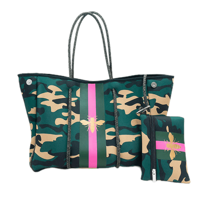 The Aniella Neoprene Tote - Camo with Gold Bee - Jennie Dots