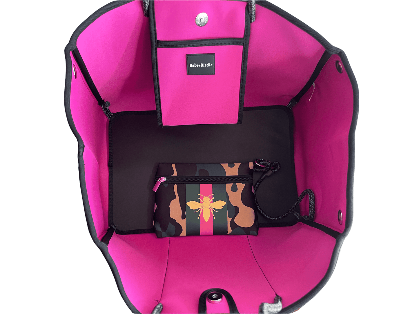 The Aniella Neoprene Tote - Camo with Gold Bee - Jennie Dots