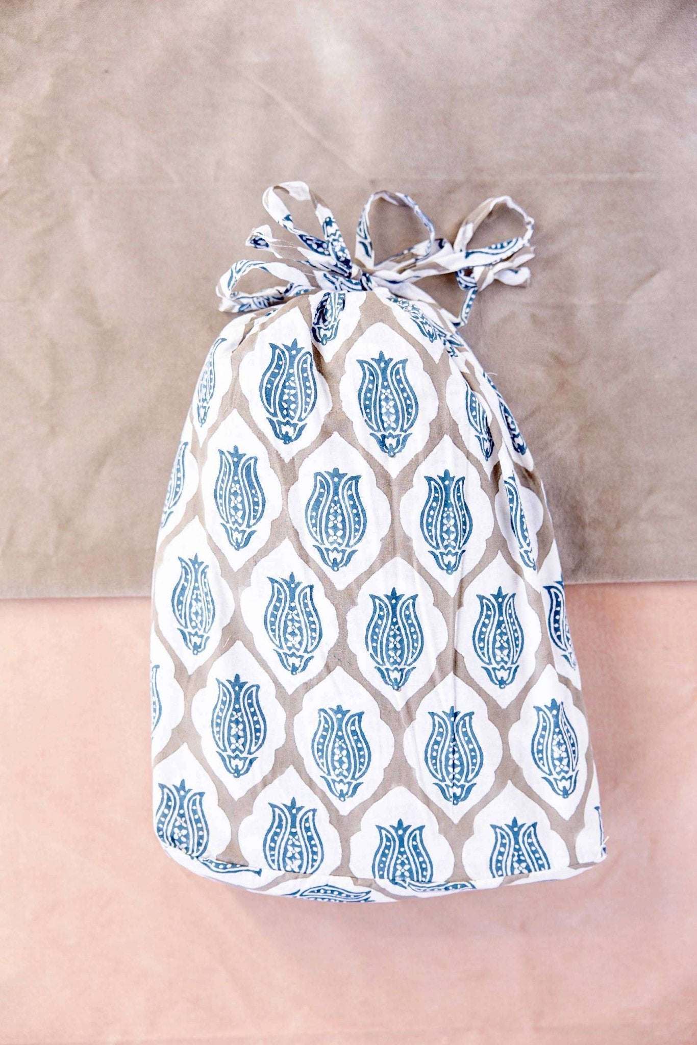 Blue Bell Block Print Kantha stitch throw with hand block print drawstring bag.