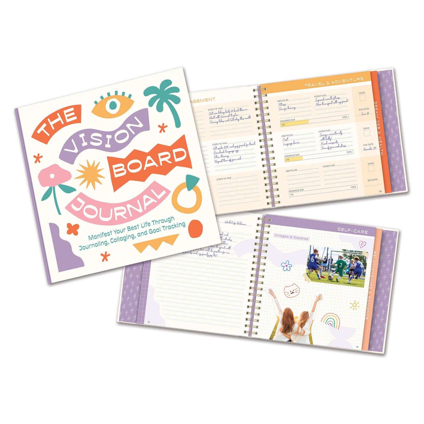 Guided Vision Board Journal with colorful design, open pages showing prompts and goal tracking.