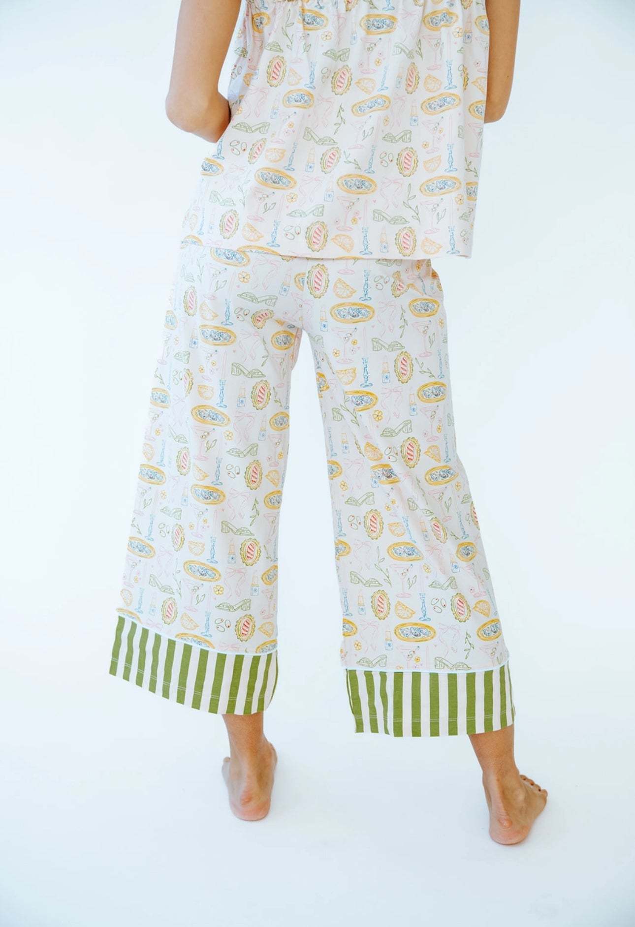 Tini Jammies sleepwear set featuring wide leg cropped pants and bow tie shoulder straps.