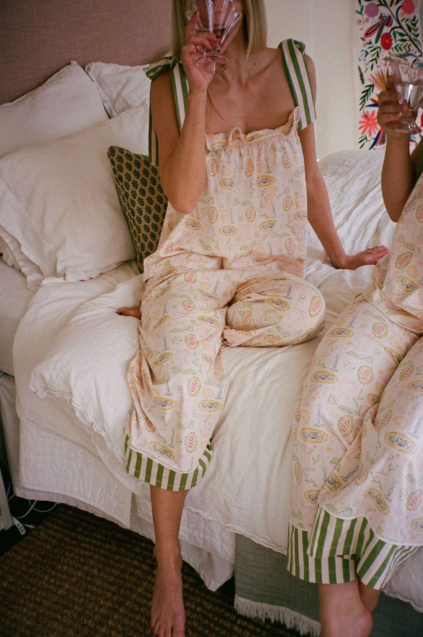 Tini Jammies martini-inspired sleepwear set with bow tie shoulder strap and wide leg cropped pant.