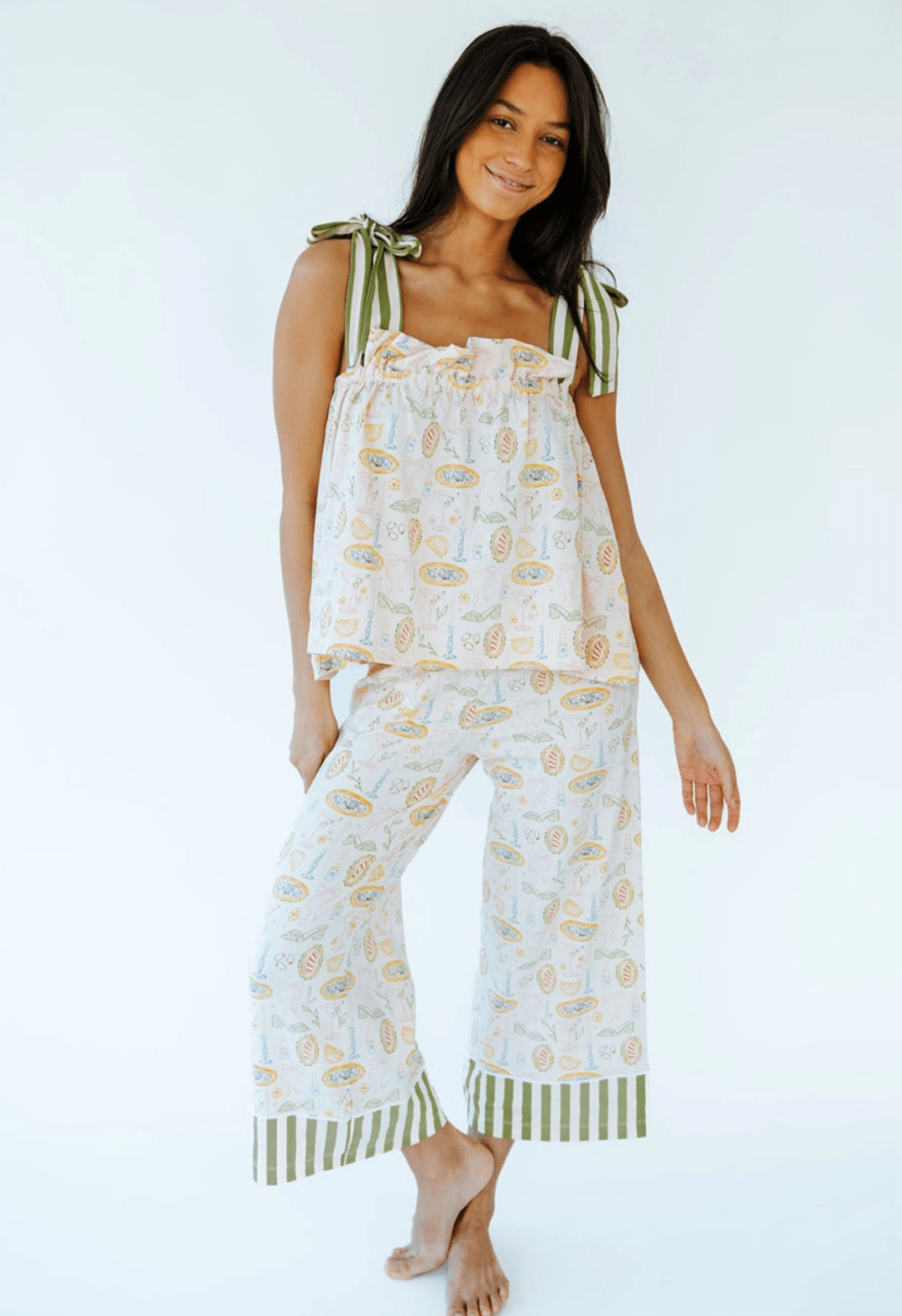 Martini-inspired sleepwear set with wide-leg cropped pants and bow tie shoulder straps.