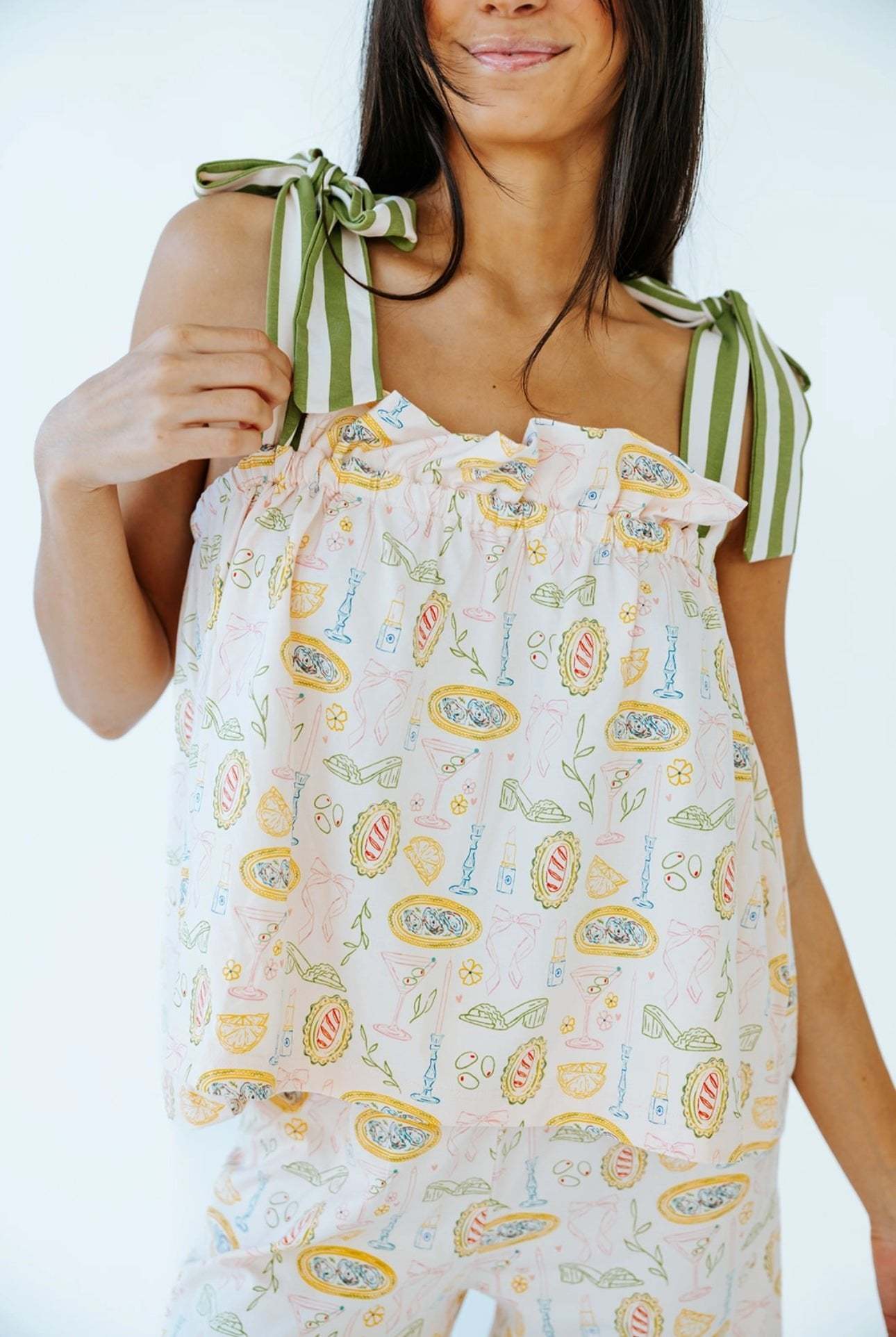 Tini Jammies martini-inspired sleepwear set with bow tie shoulder straps and wide leg cropped pants.