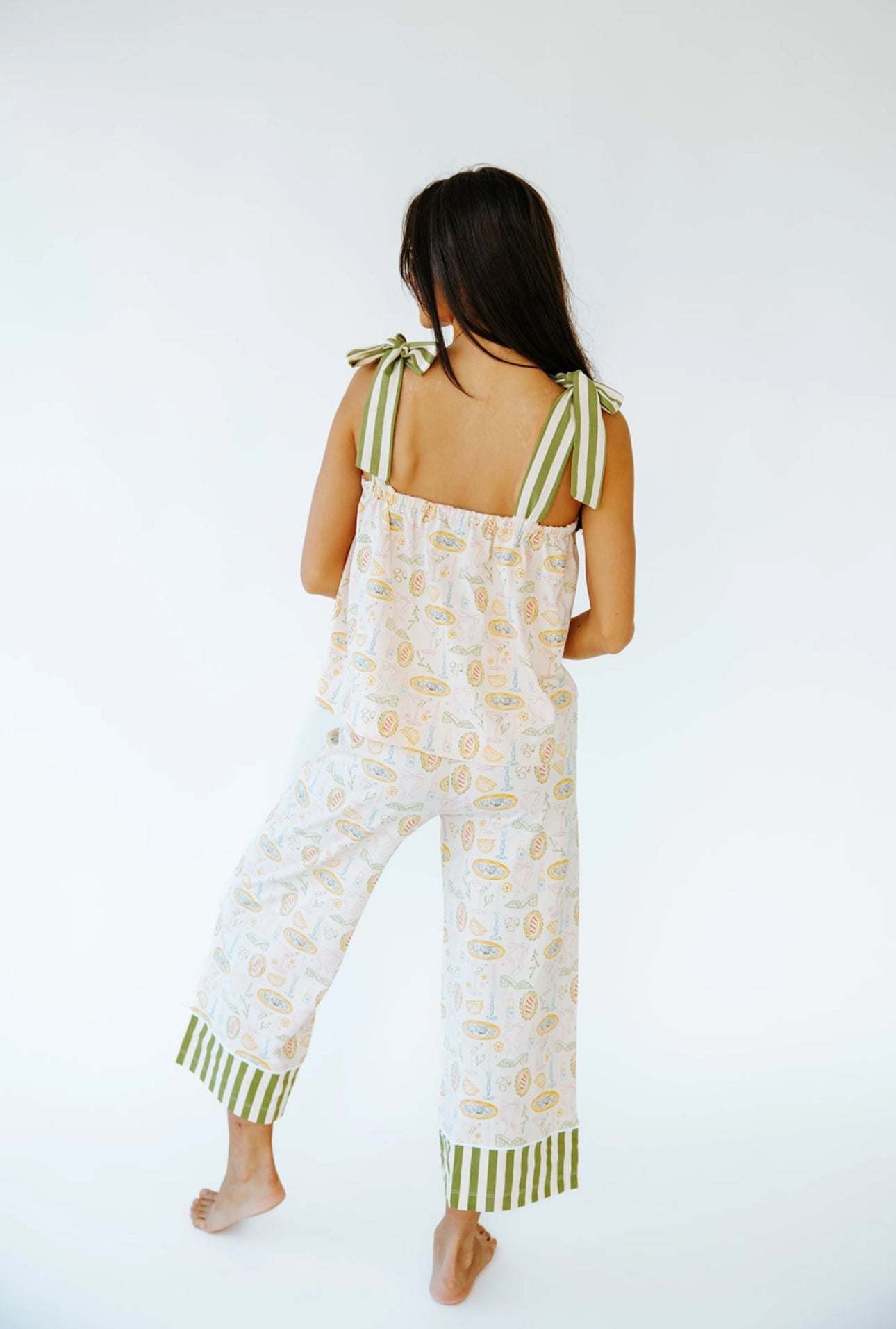 Tini Jammies martini-inspired sleepwear set with wide leg cropped pants and bow tie shoulder straps.
