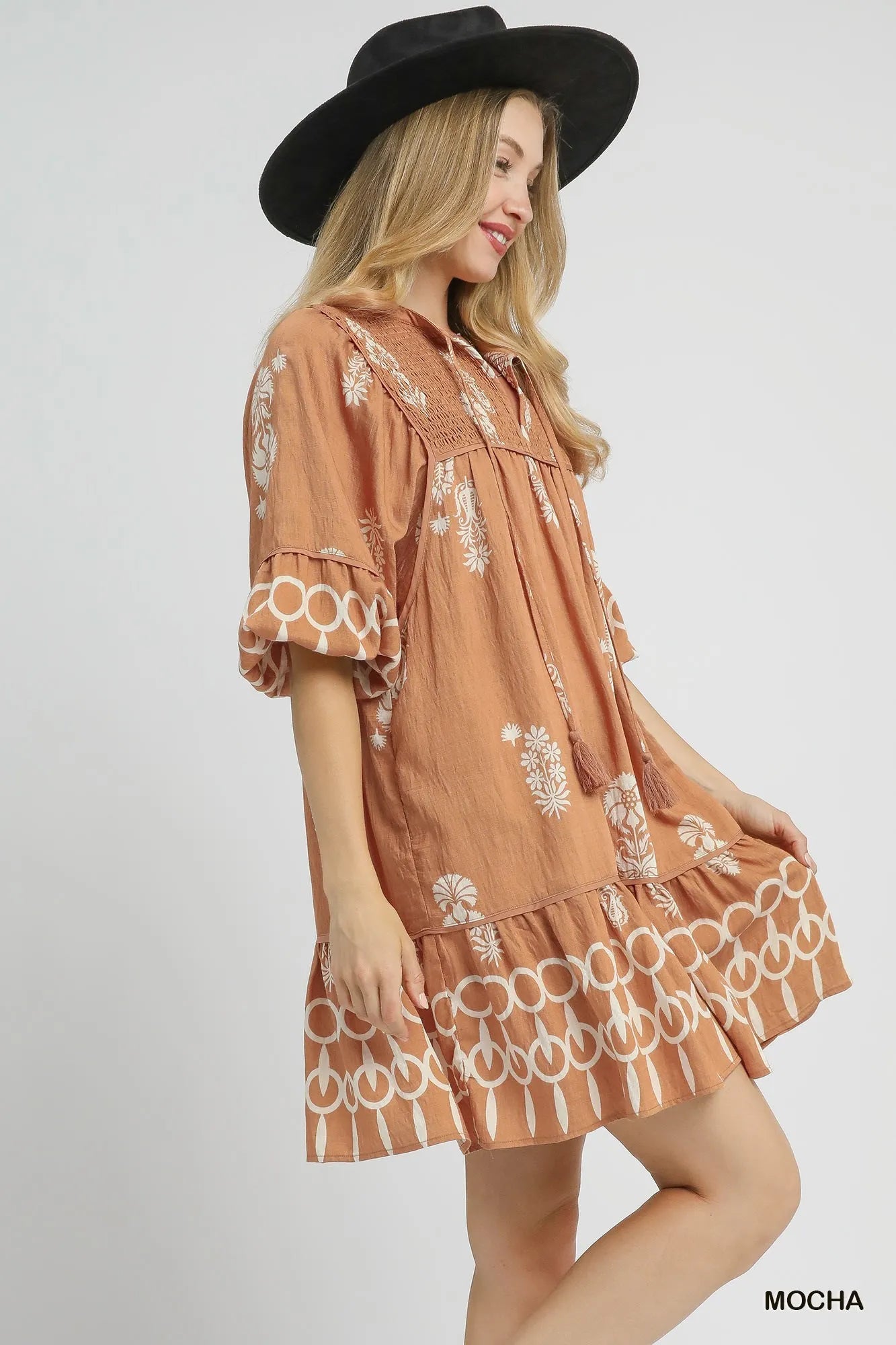 Umgee Boarder Print Tassel Tie Neck Mini Dress - Jennie Dots