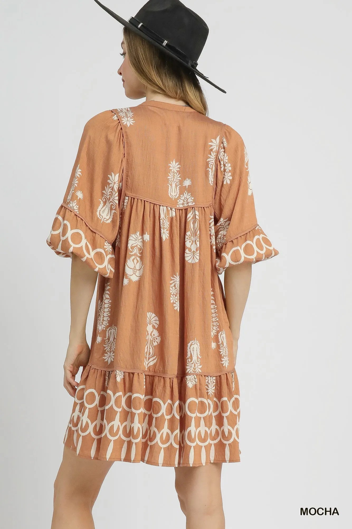 Umgee Boarder Print Tassel Tie Neck Mini Dress - Jennie Dots