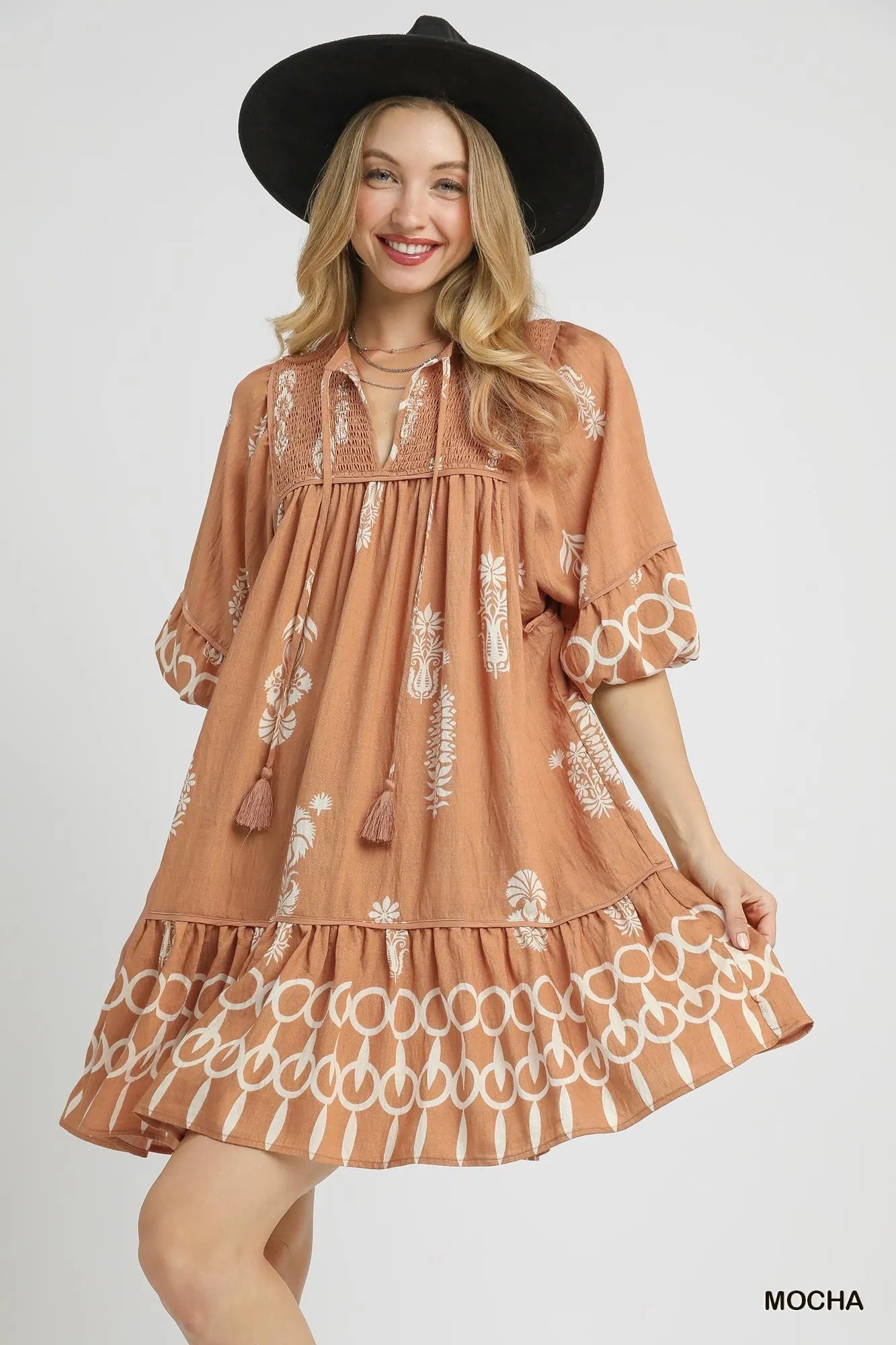 Umgee Boarder Print Tassel Tie Neck Mini Dress - Jennie Dots