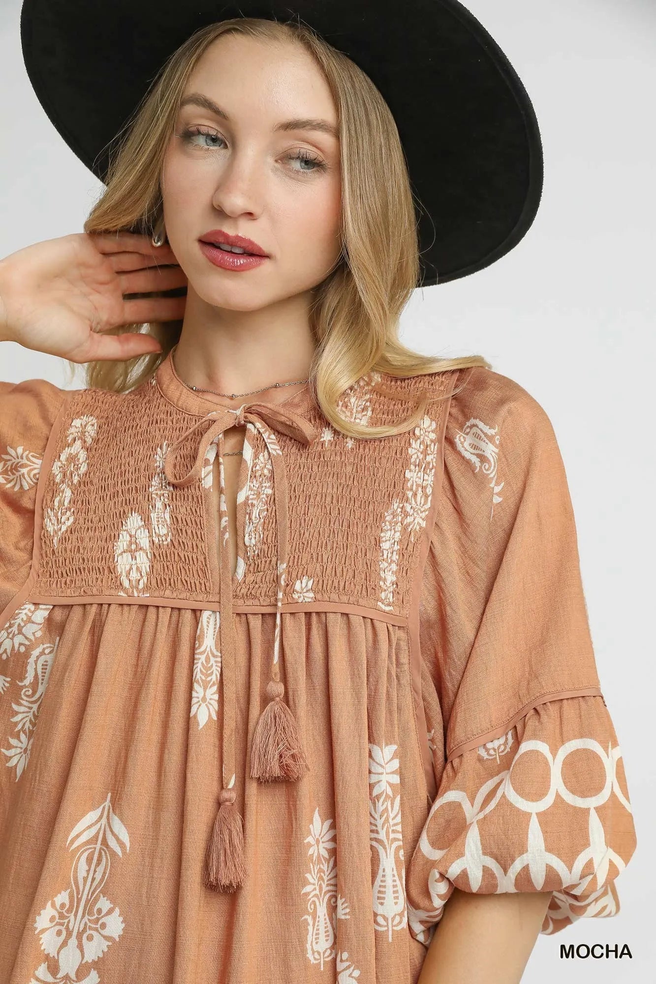 Umgee Boarder Print Tassel Tie Neck Mini Dress - Jennie Dots
