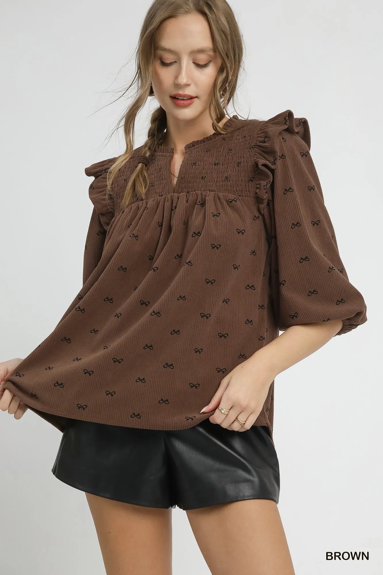 Umgee Bow Print Corduroy Puff Sleeve Blouse with Ruffled - Jennie Dots