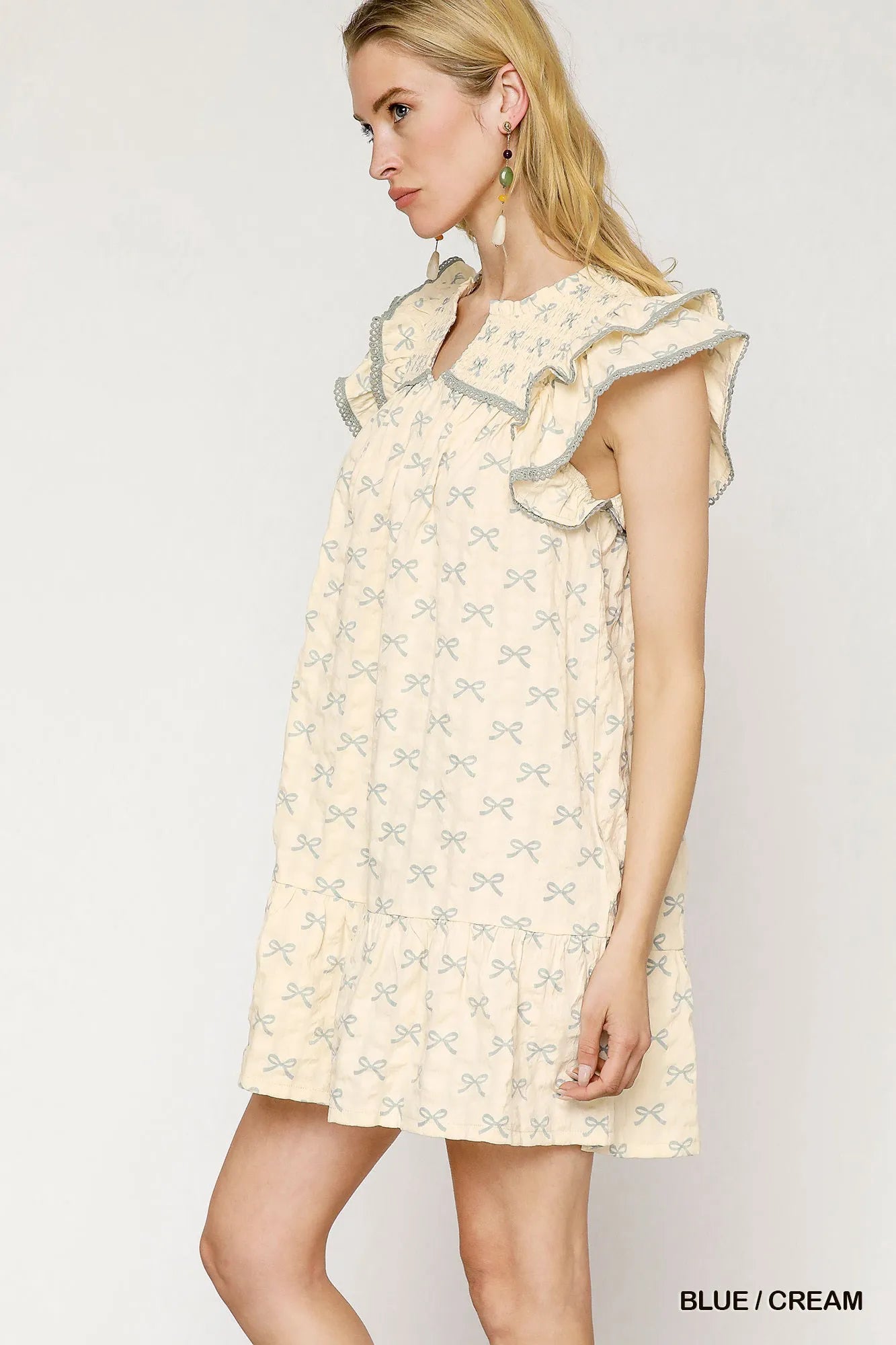Umgee Bow Print Ruffled Cap Sleeve Mini Dress - Jennie Dots