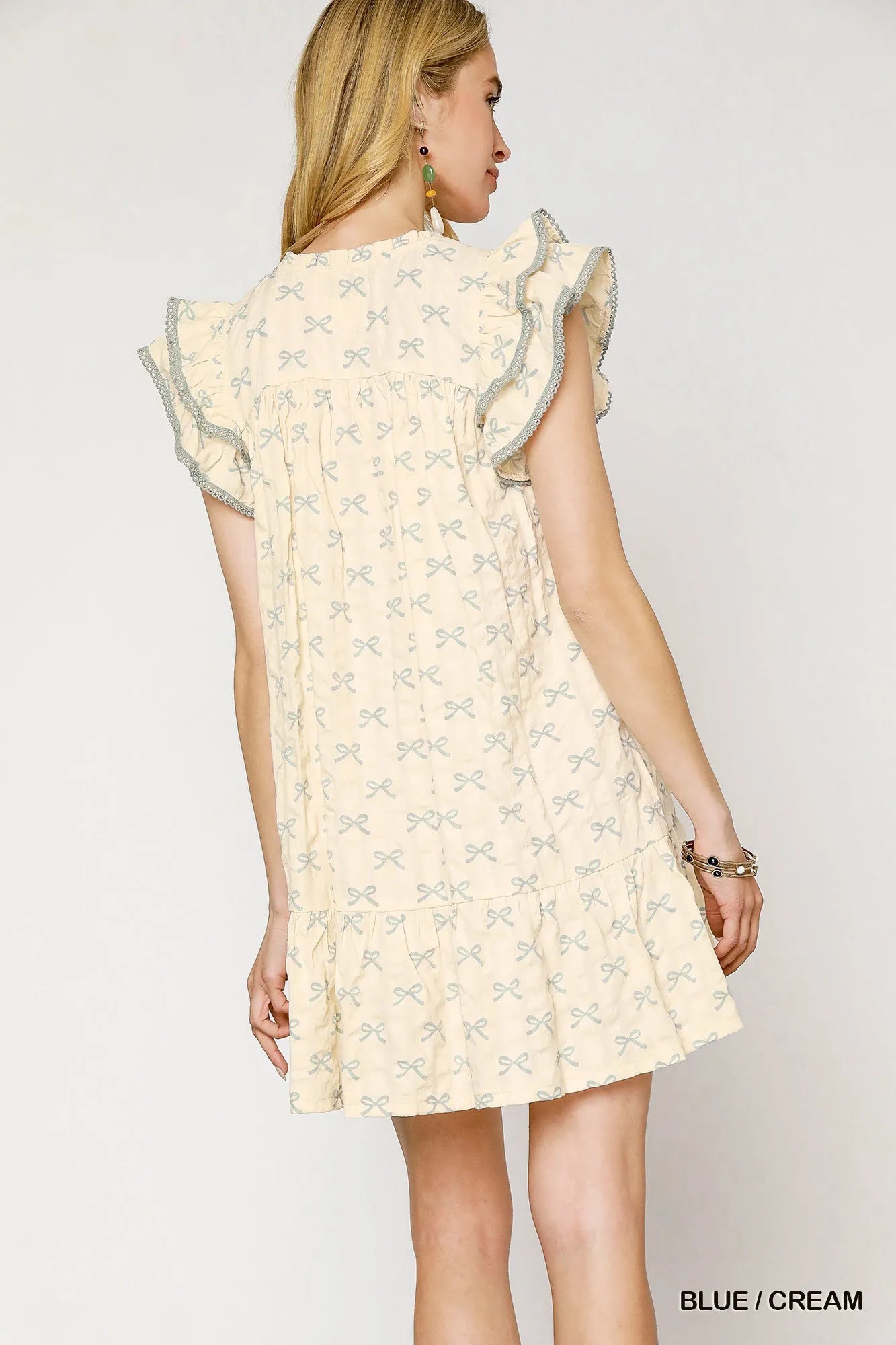 Umgee Bow Print Ruffled Cap Sleeve Mini Dress - Jennie Dots
