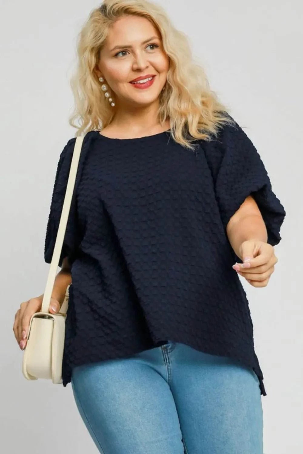 Umgee Boxy Cut Jacquard Round Neck Top with Side Slit - Jennie Dots