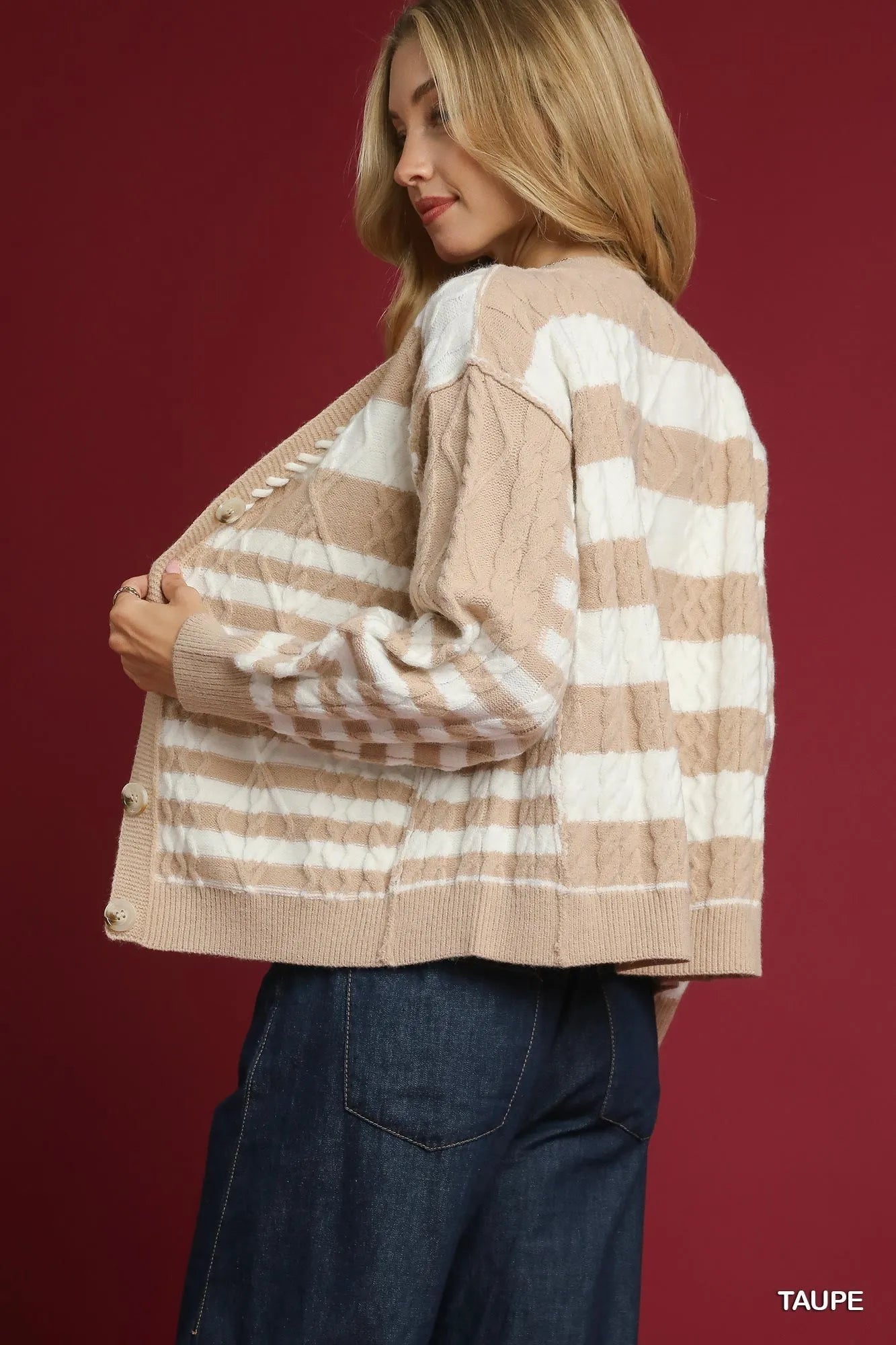Umgee Cable - Knit Stripe Button - Up Cardigan - Jennie Dots