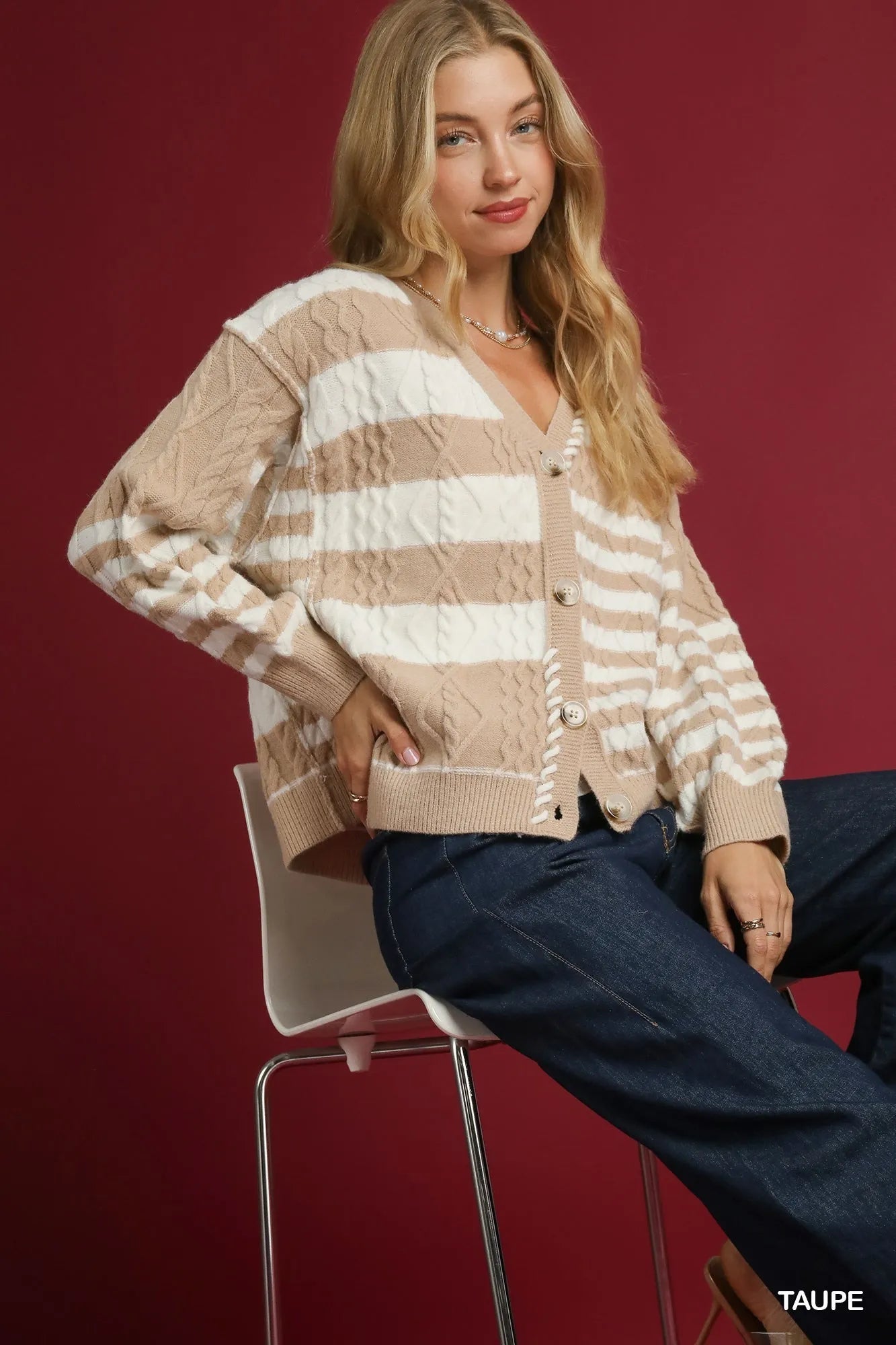 Umgee Cable - Knit Stripe Button - Up Cardigan - Jennie Dots