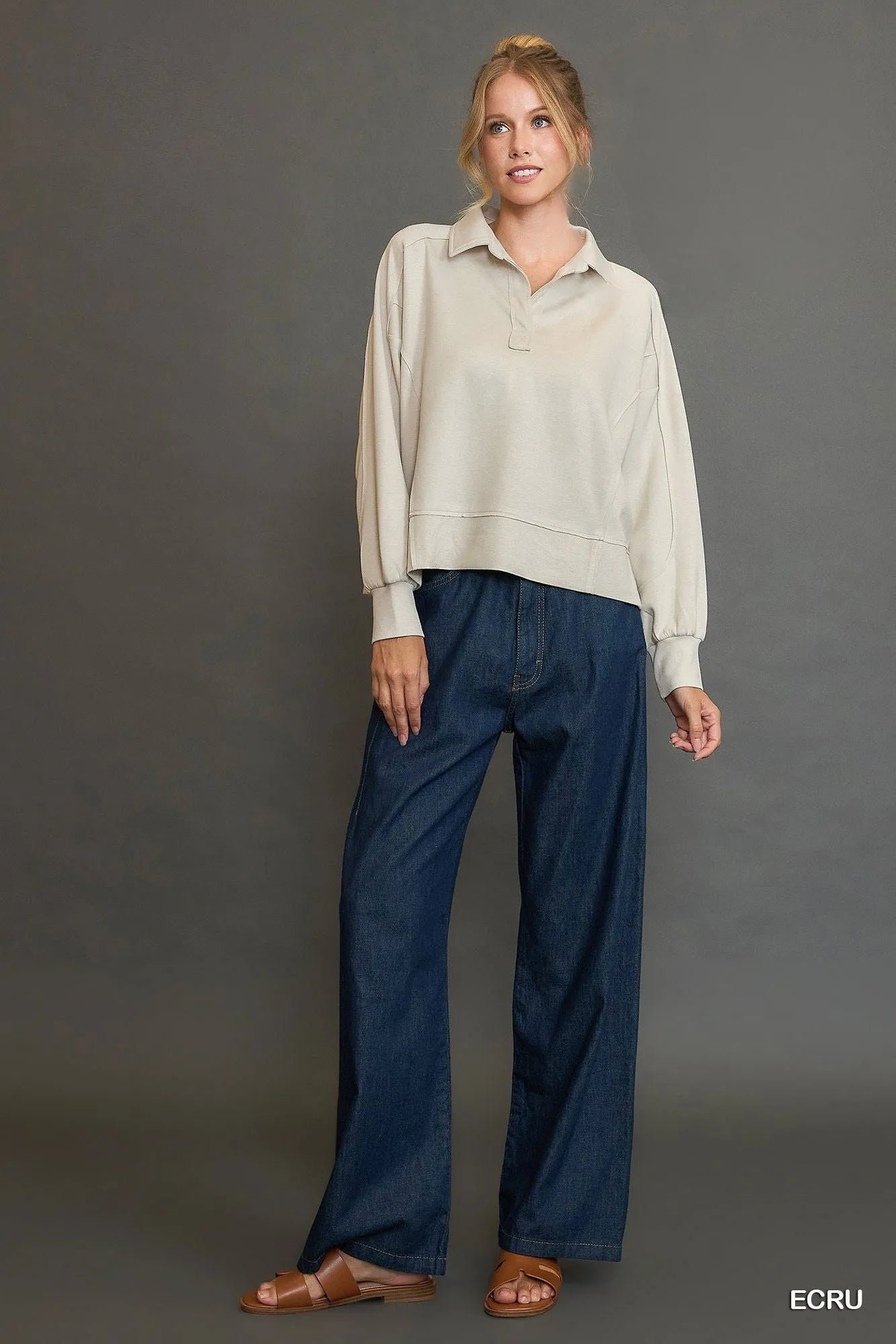 Umgee Collared Neck Long Sleeve Top with Raw Hem Detail - Jennie Dots