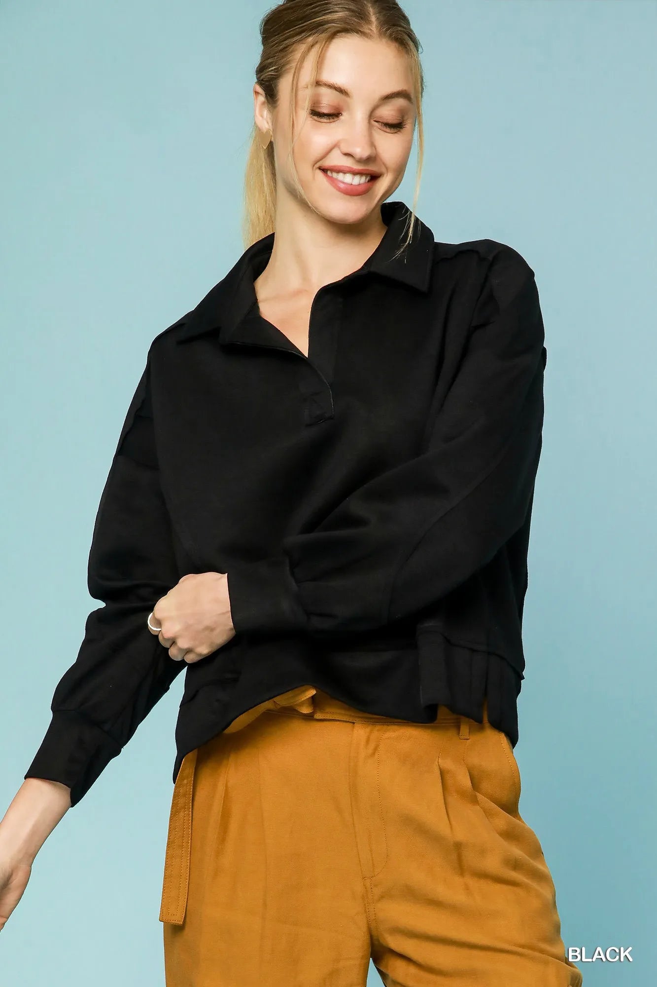 Umgee Collared Neck Long Sleeve Top with Raw Hem Detail - Jennie Dots