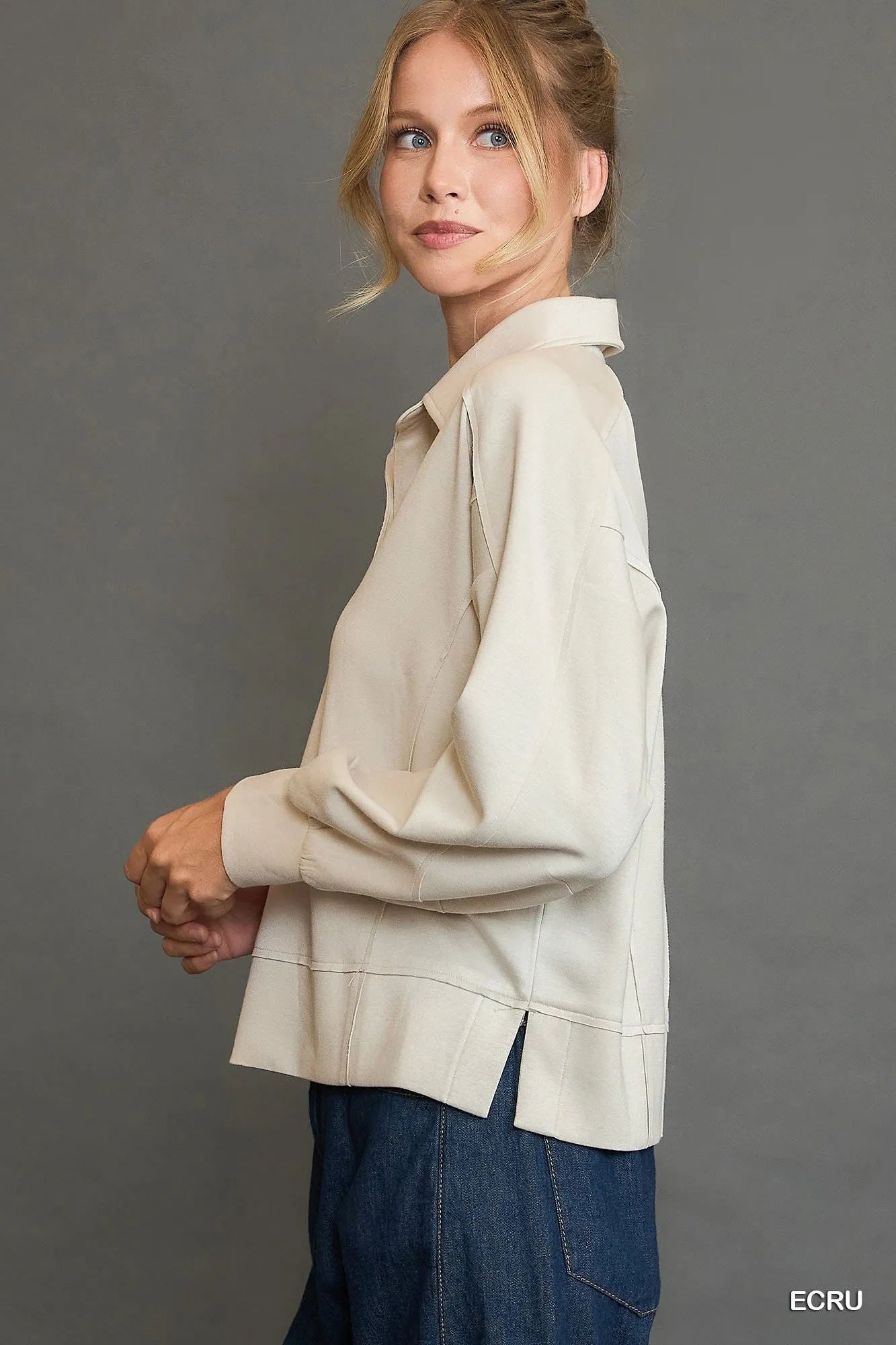 Umgee Collared Neck Long Sleeve Top with Raw Hem Detail - Jennie Dots