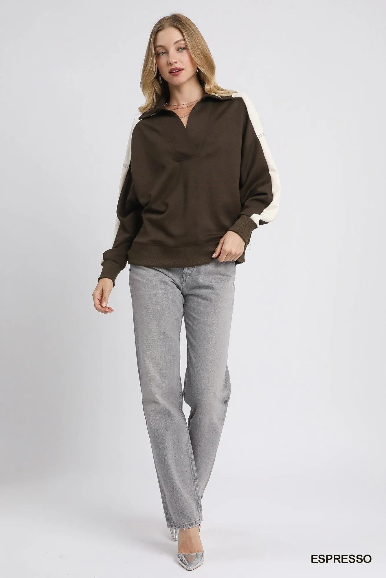 Umgee Color Block Polo Sweatshirt - Jennie Dots