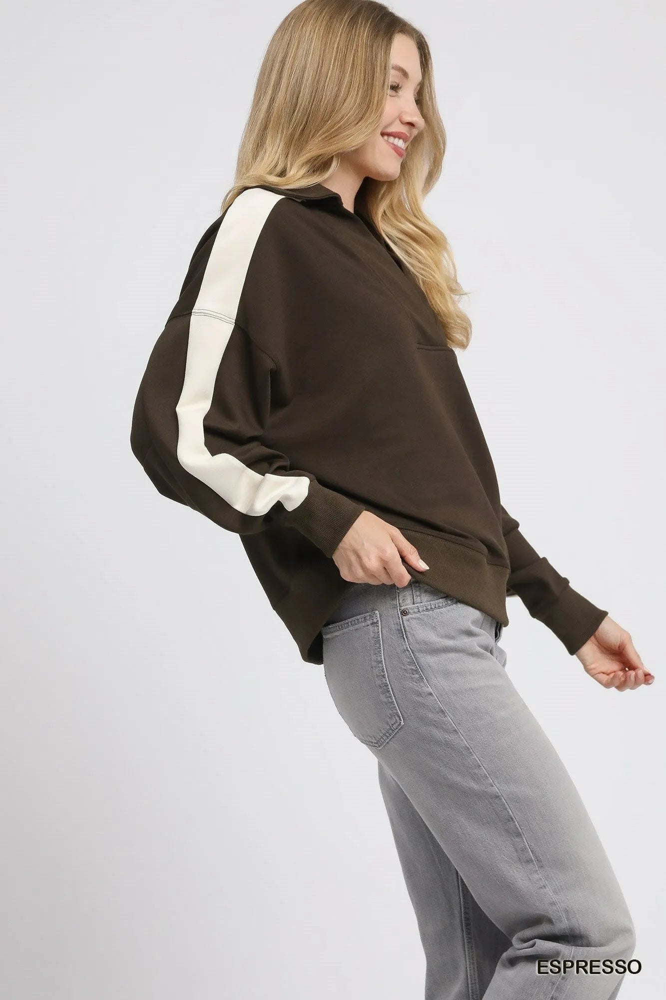 Umgee Color Block Polo Sweatshirt - Jennie Dots