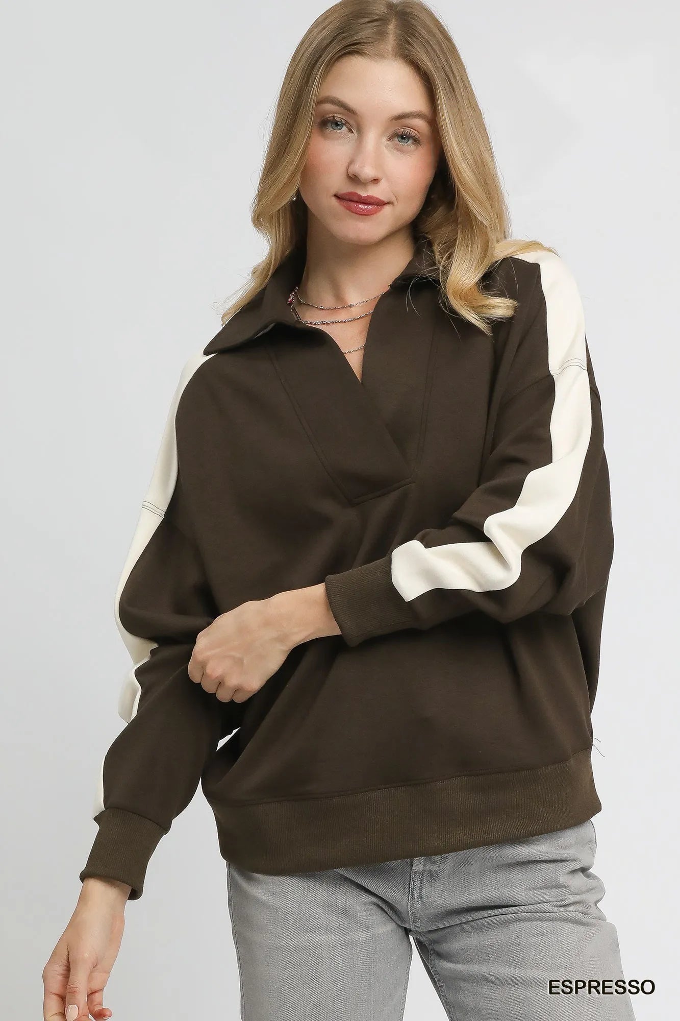 Umgee Color Block Polo Sweatshirt - Jennie Dots