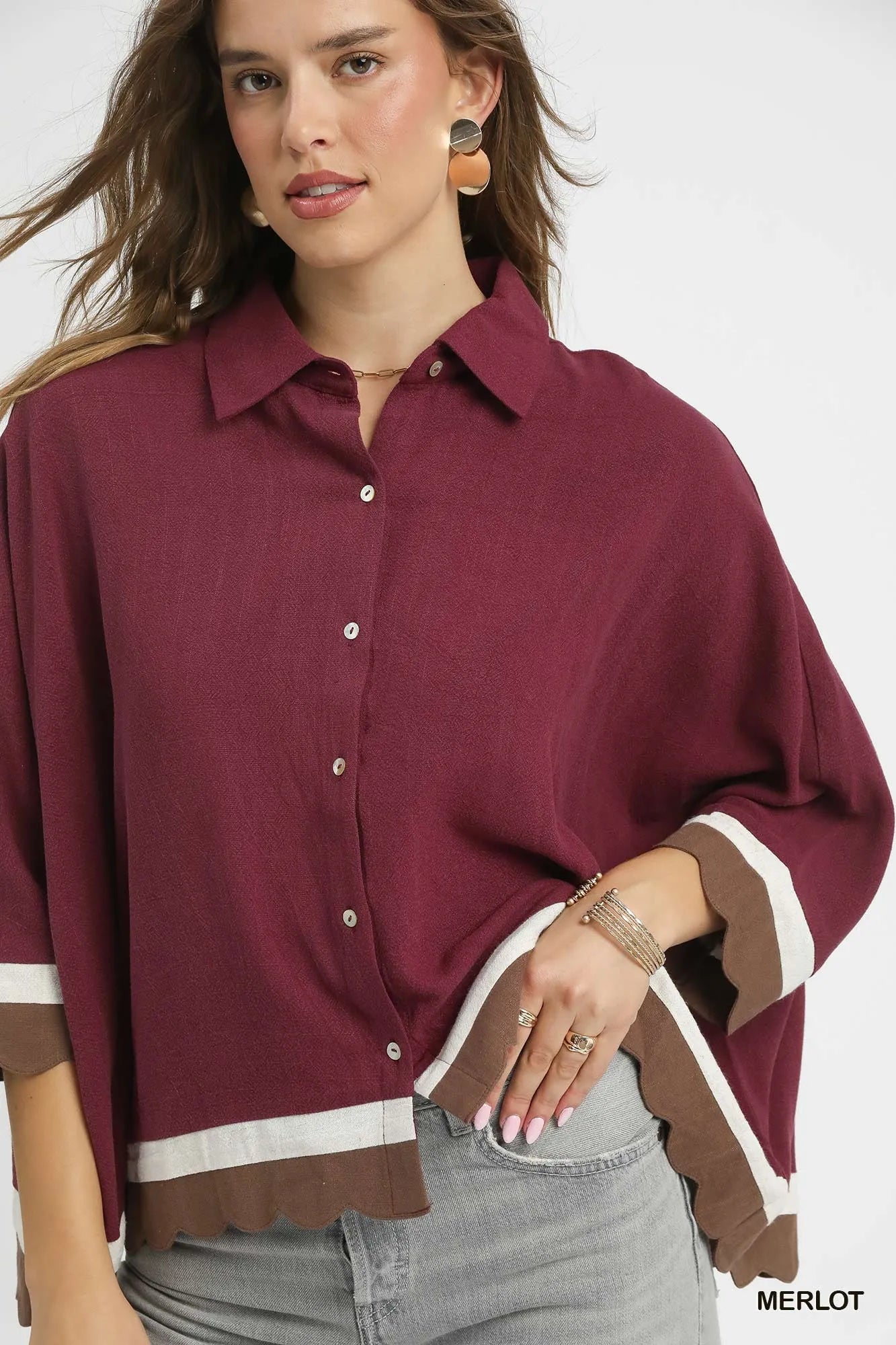 Umgee Colorblock Button - Down Shirt with Scallop Hem - Jennie Dots