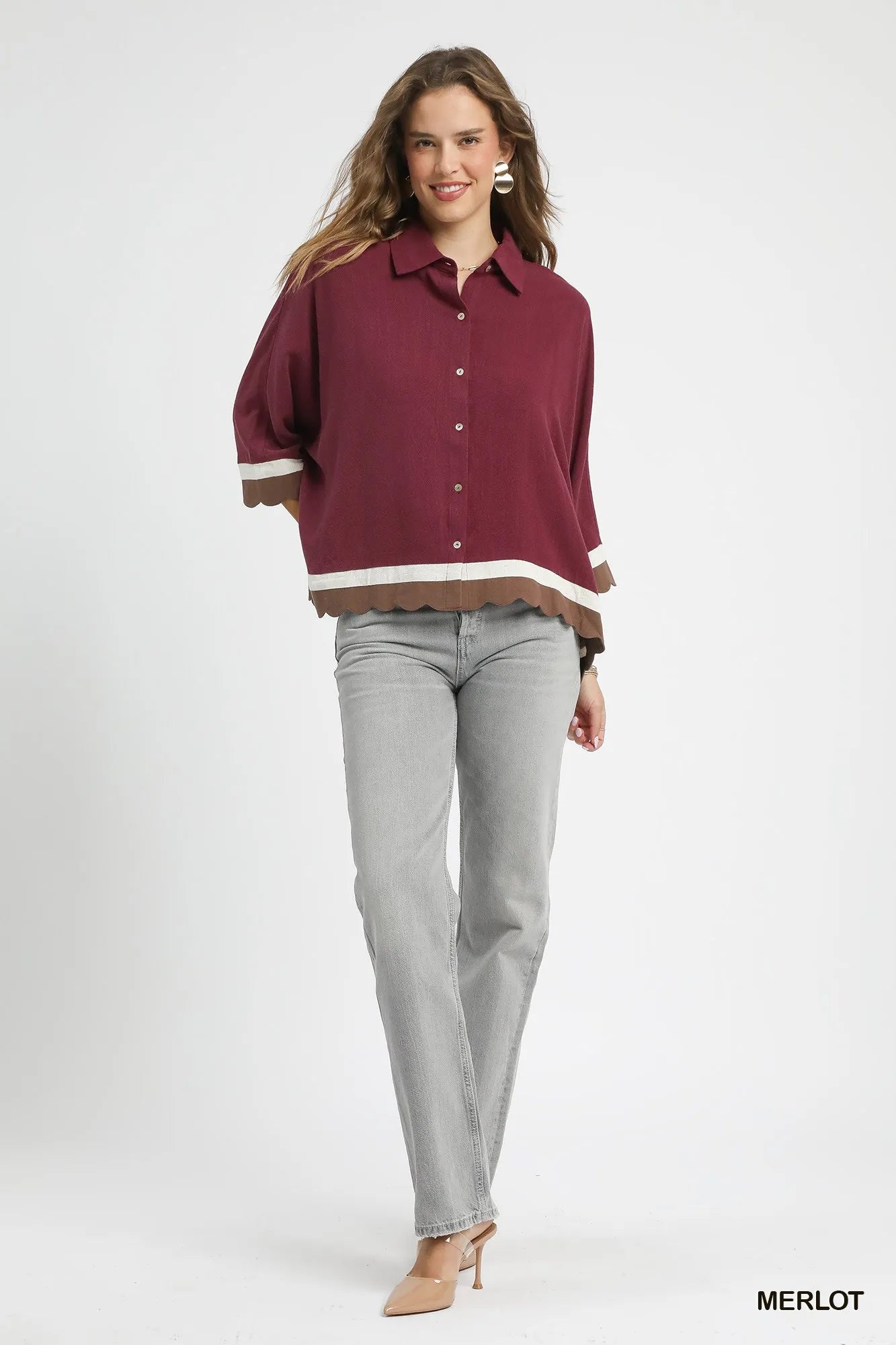 Umgee Colorblock Button - Down Shirt with Scallop Hem - Jennie Dots