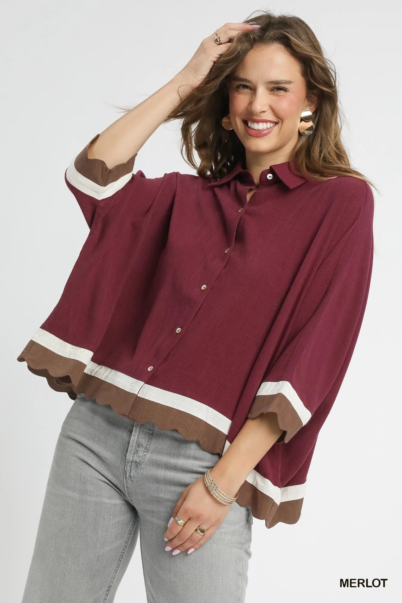 Umgee Colorblock Button - Down Shirt with Scallop Hem - Jennie Dots
