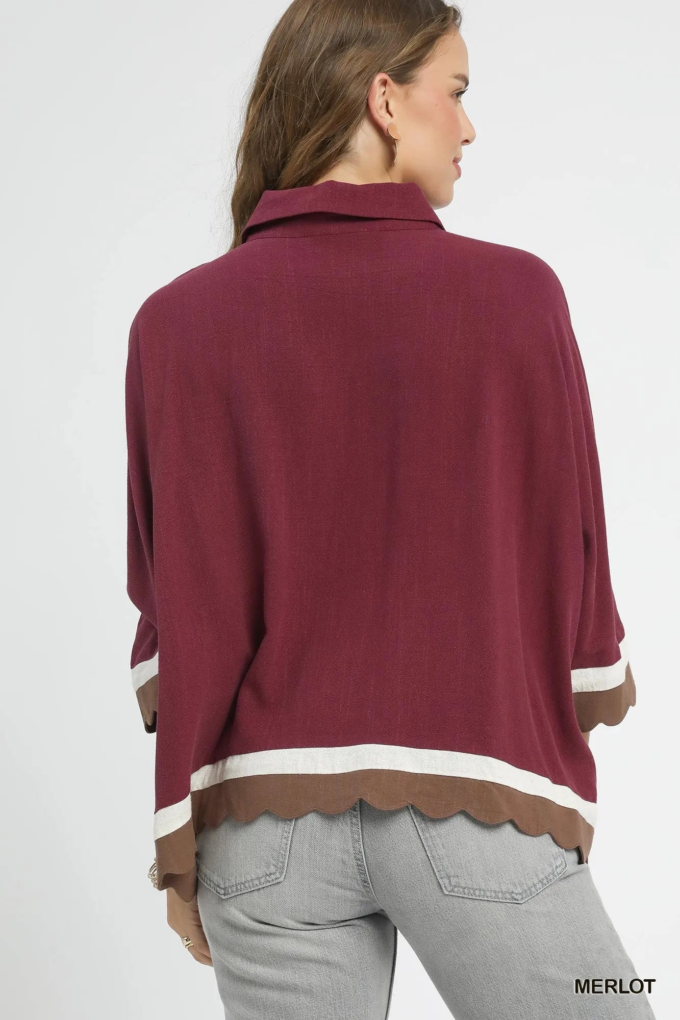 Umgee Colorblock Button - Down Shirt with Scallop Hem - Jennie Dots