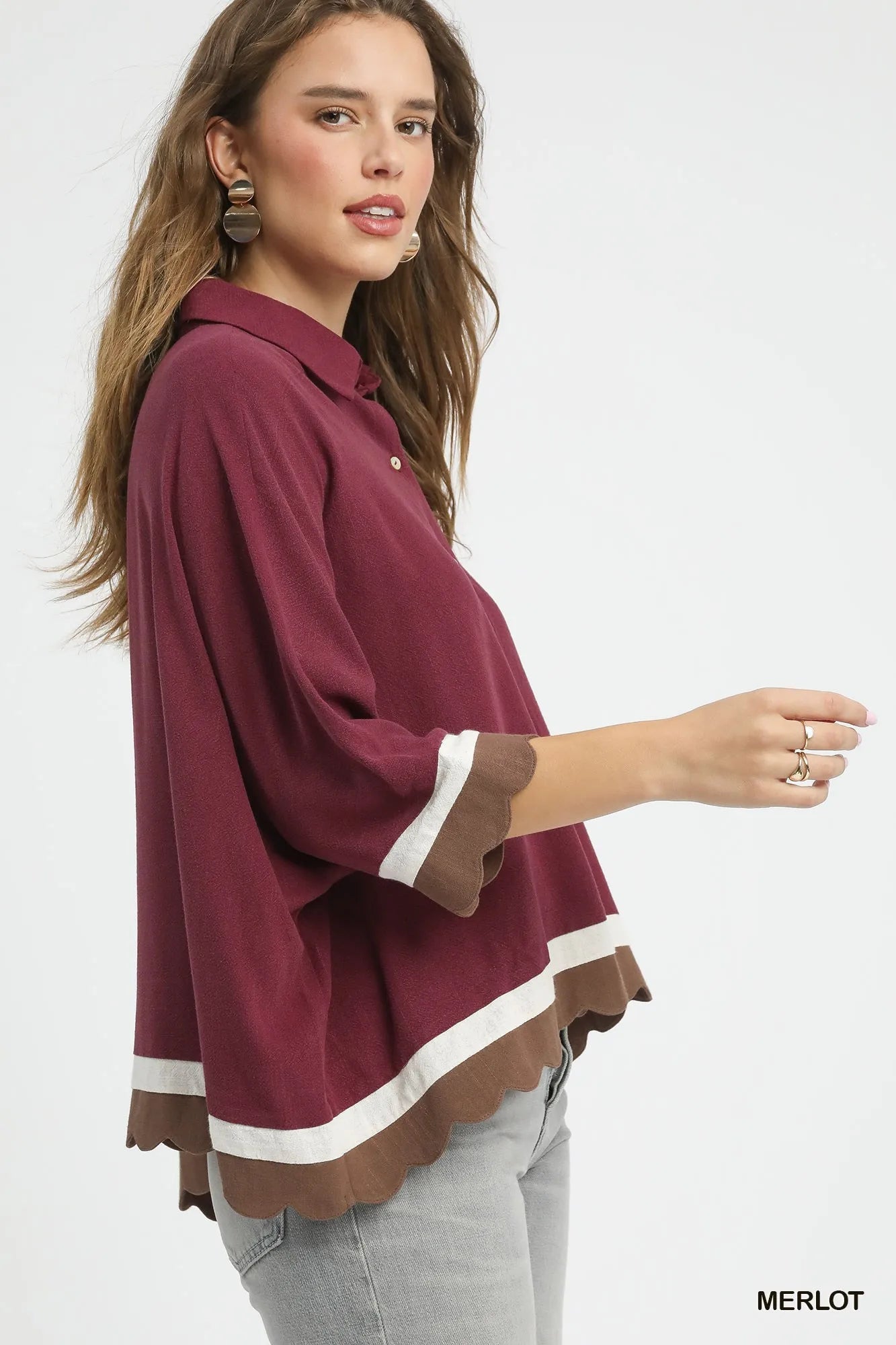 Umgee Colorblock Button - Down Shirt with Scallop Hem - Jennie Dots