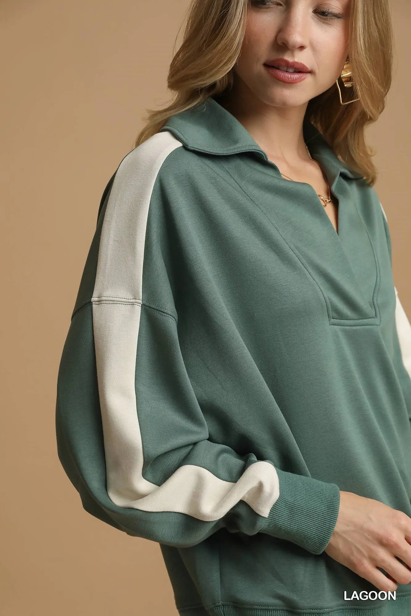 Umgee Contrast Long Sleeve Sweatshirt with Collar - Jennie Dots
