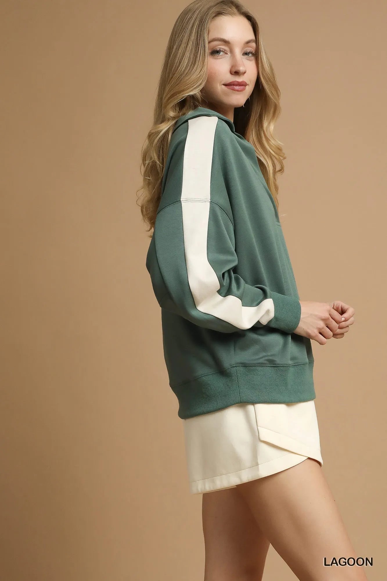 Umgee Contrast Long Sleeve Sweatshirt with Collar - Jennie Dots