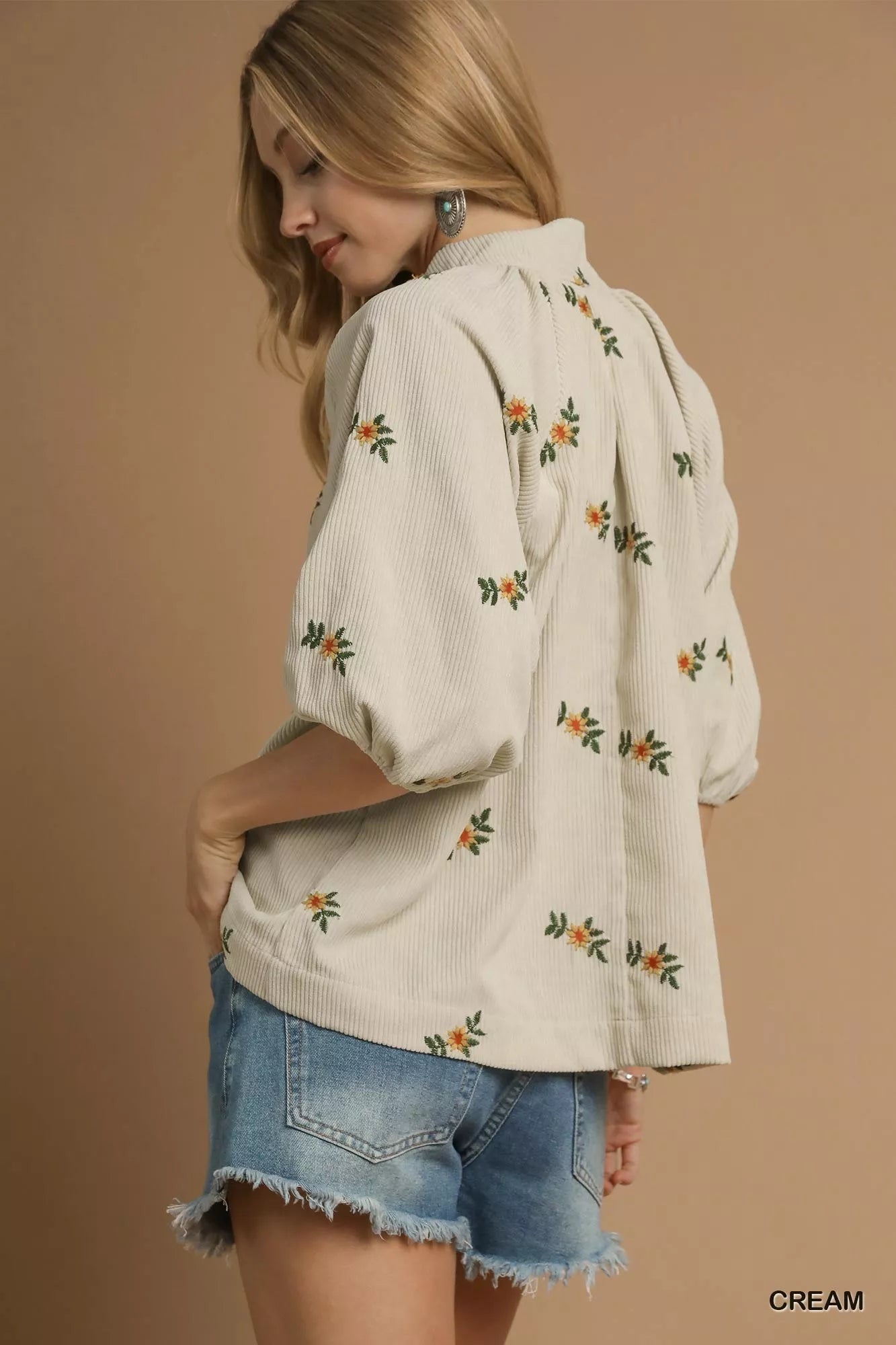 Umgee Corduroy Floral Embroidered Puff Sleeve Blouse - Jennie Dots