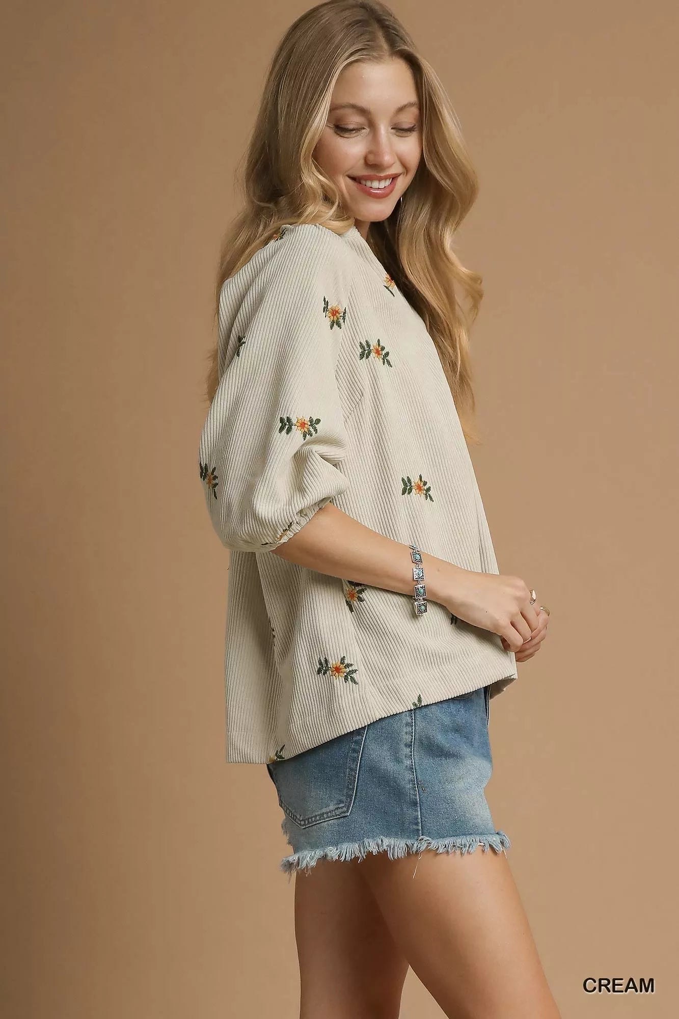 Umgee Corduroy Floral Embroidered Puff Sleeve Blouse - Jennie Dots