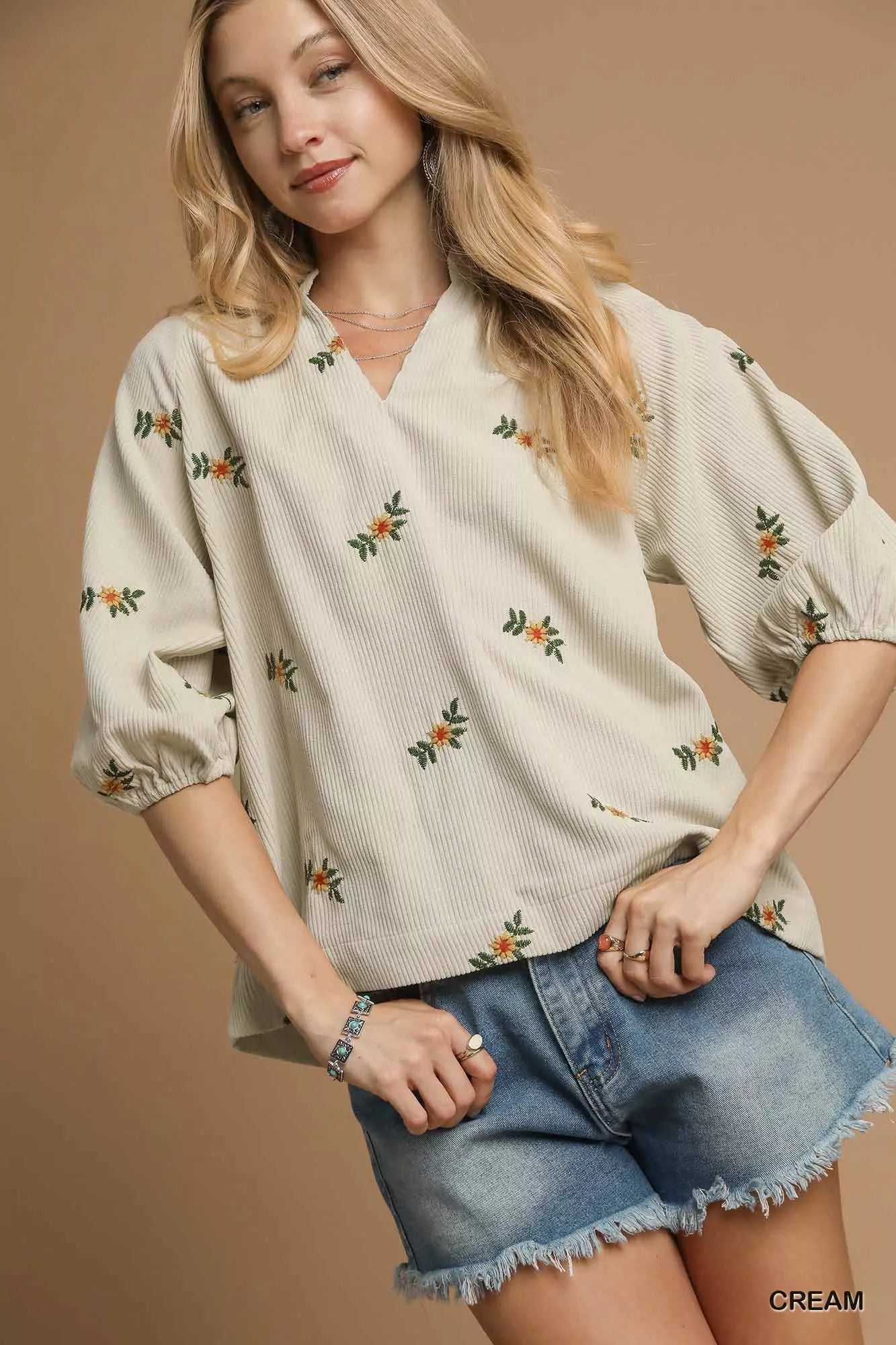 Umgee Corduroy Floral Embroidered Puff Sleeve Blouse - Jennie Dots
