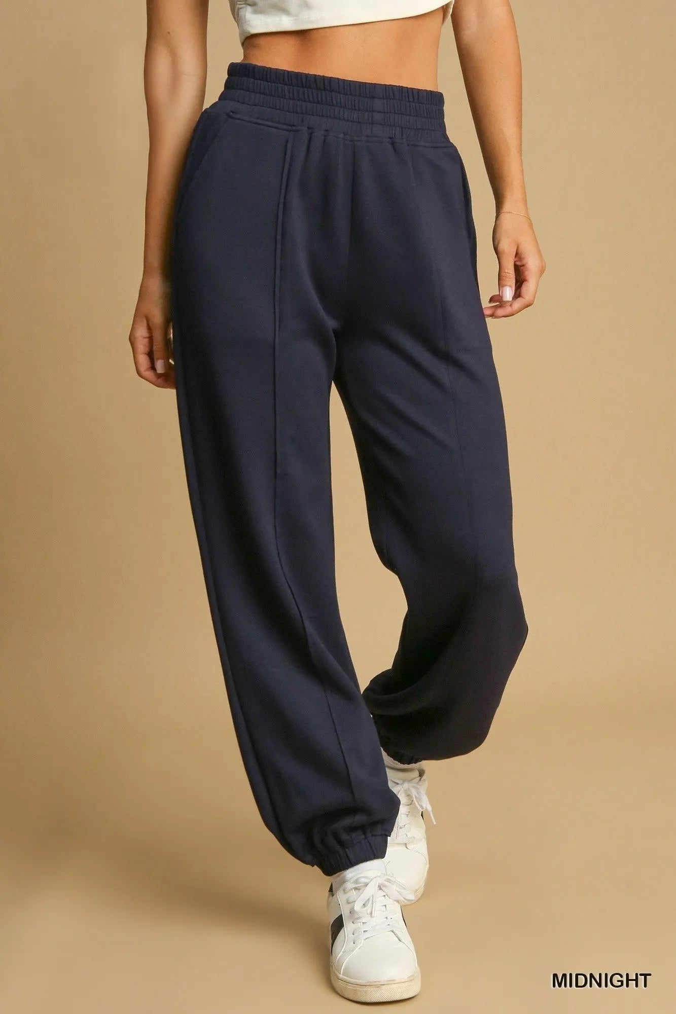Umgee Drawstring Jogger Pants with Front Seam Detail - Jennie Dots