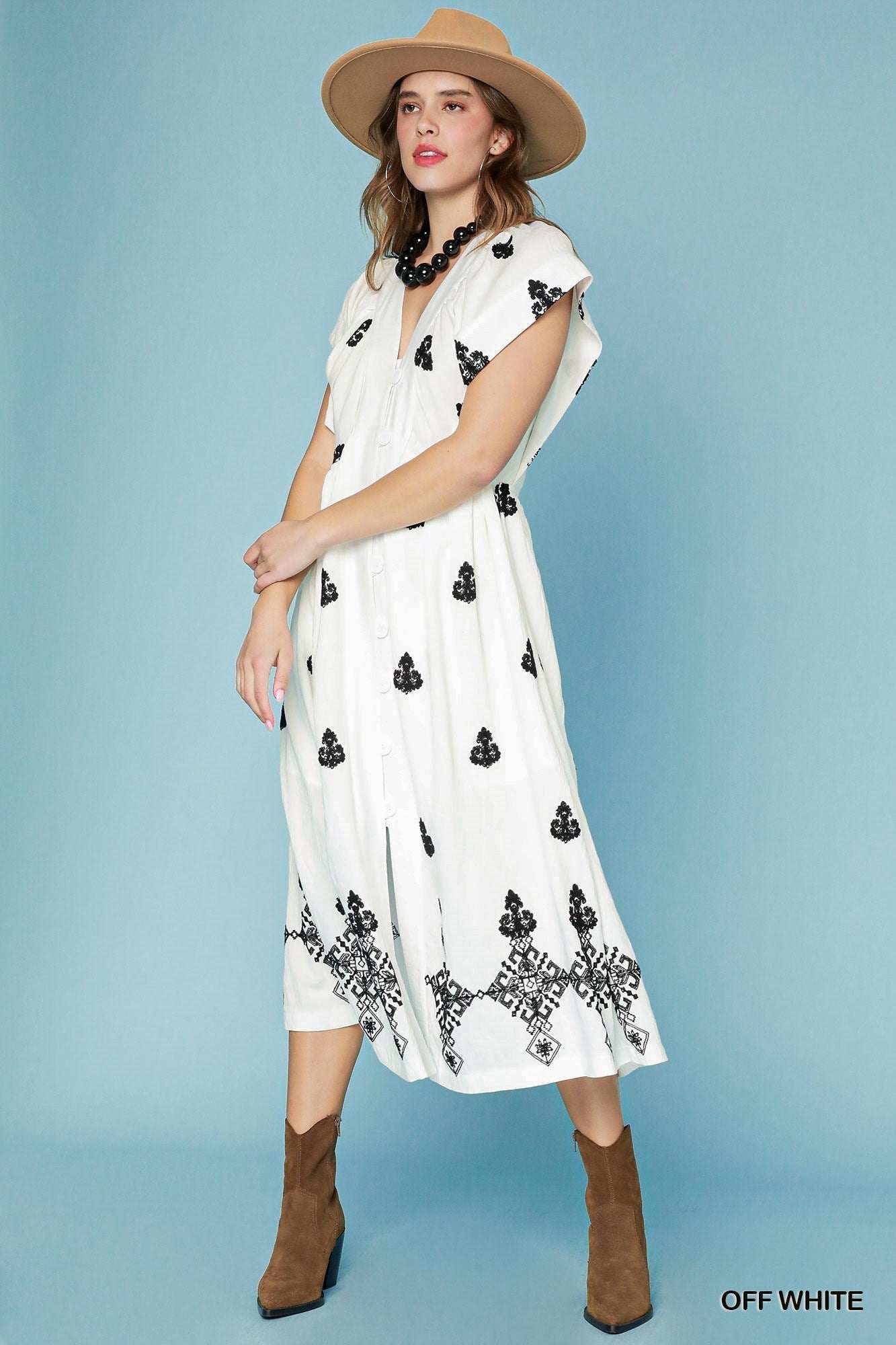 Umgee Embroidered V - Neck Midi Dress - Jennie Dots