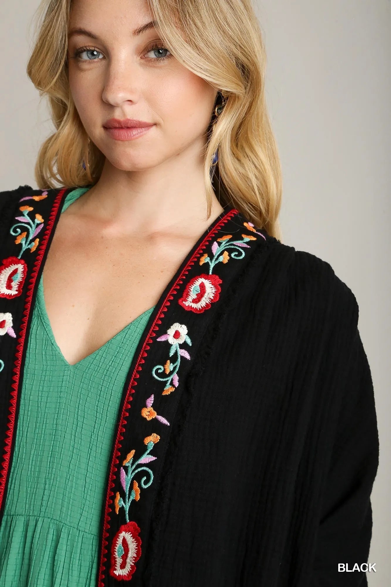 Umgee Embroidery Open Front Kimono with Pleated Shoulder Detail - Jennie Dots