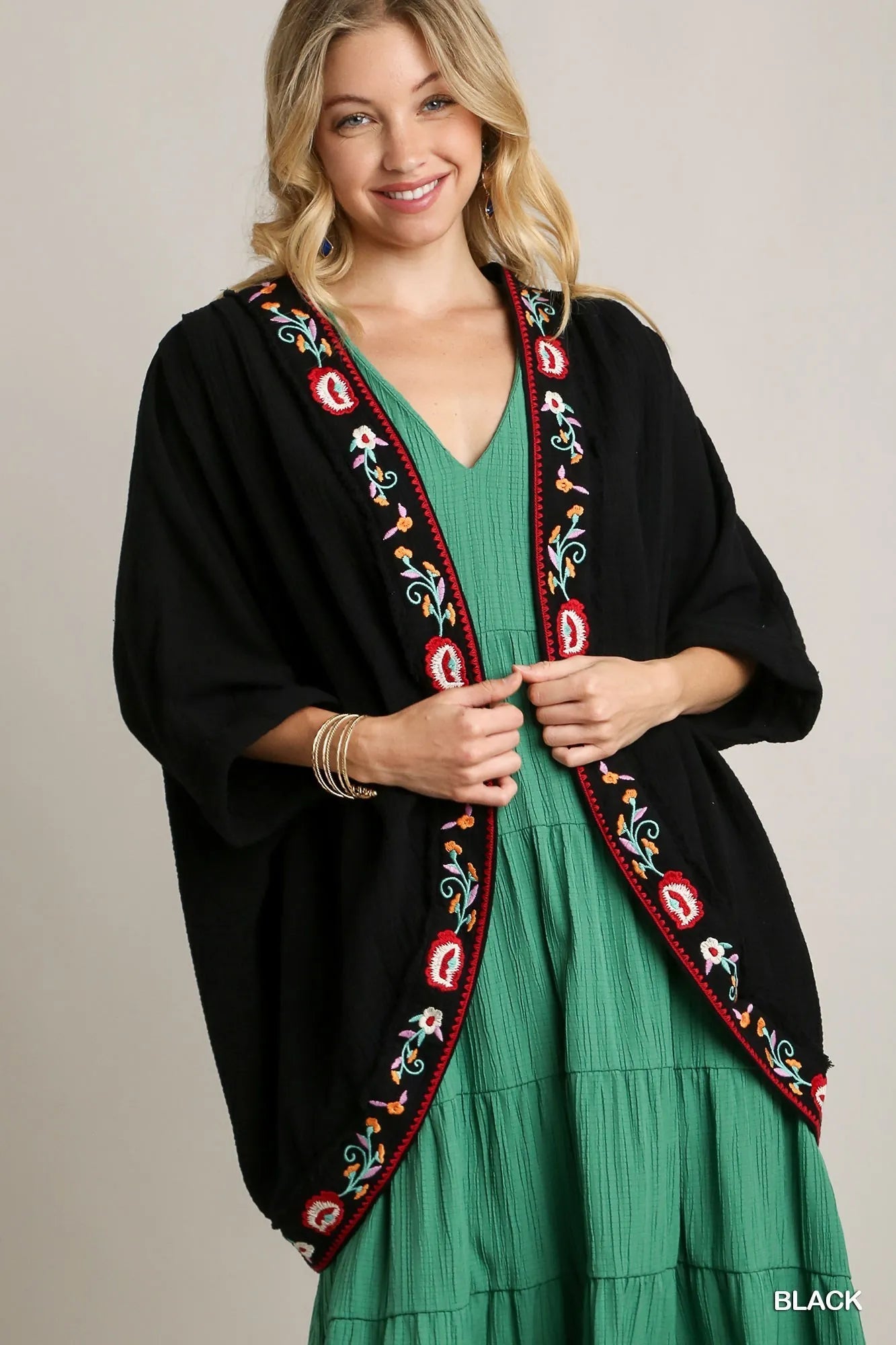 Umgee Embroidery Open Front Kimono with Pleated Shoulder Detail - Jennie Dots