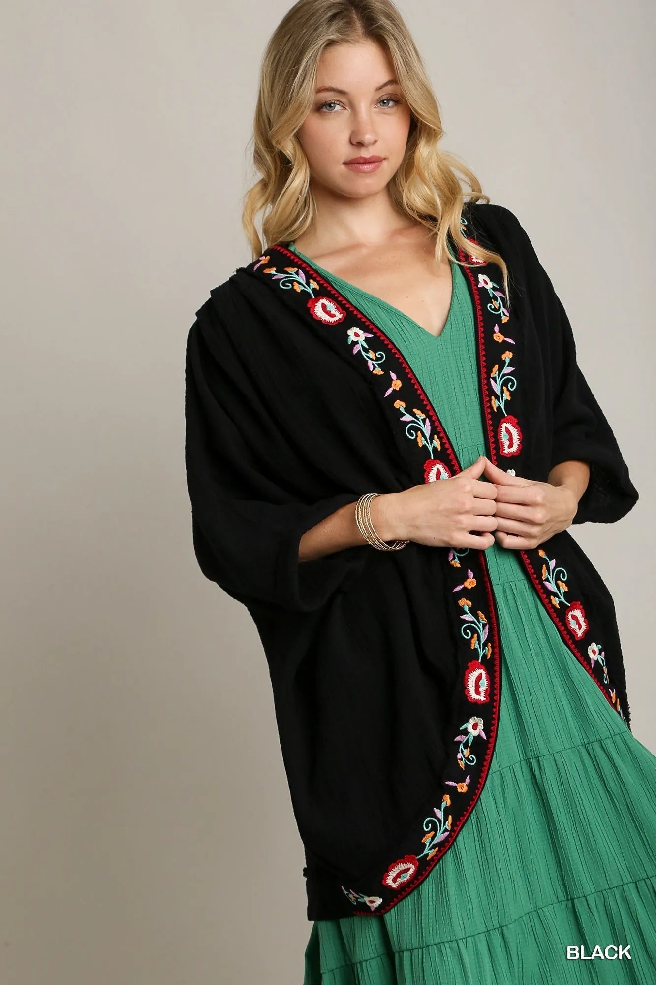 Umgee Embroidery Open Front Kimono with Pleated Shoulder Detail - Jennie Dots